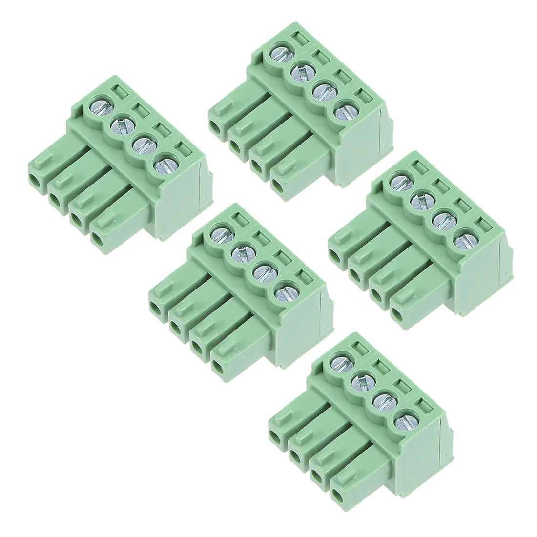 5Pcs AC300V 8A 3.81mm Pitch 4P Flat Angle Needle Seat Insert-In PCB Terminal Block Connector green