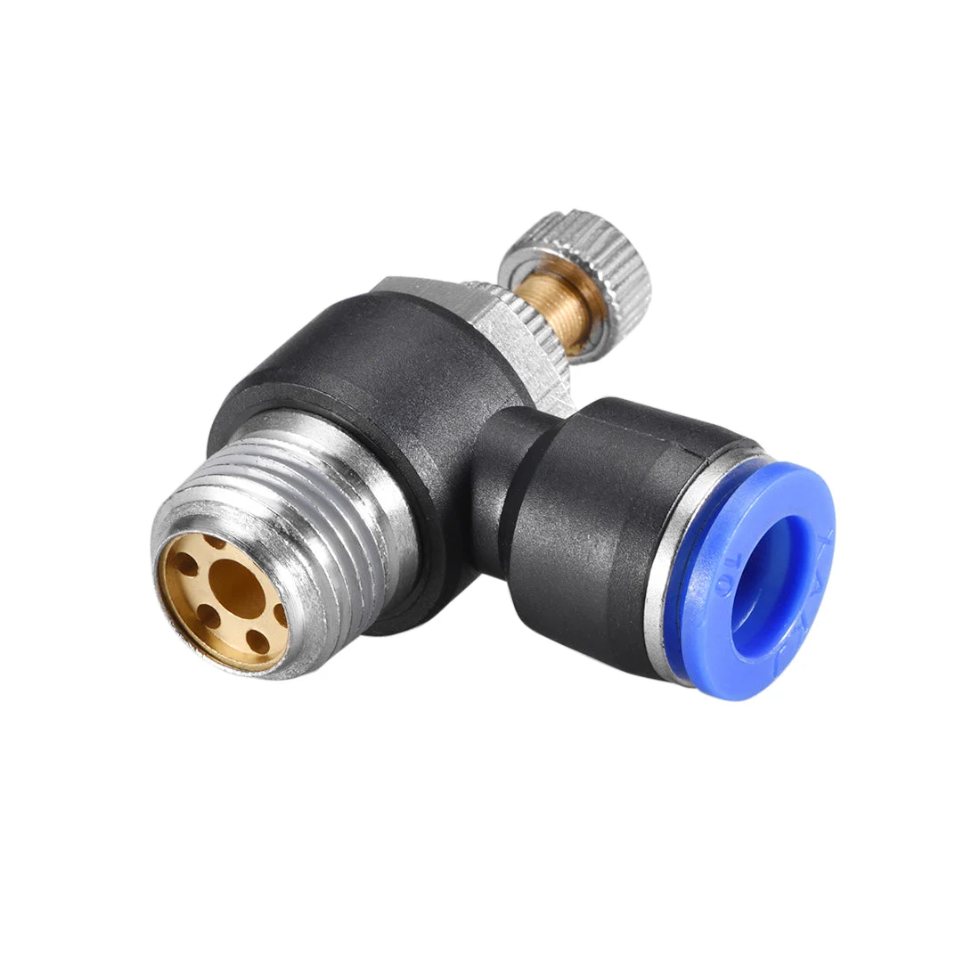 Push-to-Connect Air Flow Control Valve, Elbow, 25/64" Tube OD x 3/8" G Male Thread Speed controller Valve Tube fitting Blue