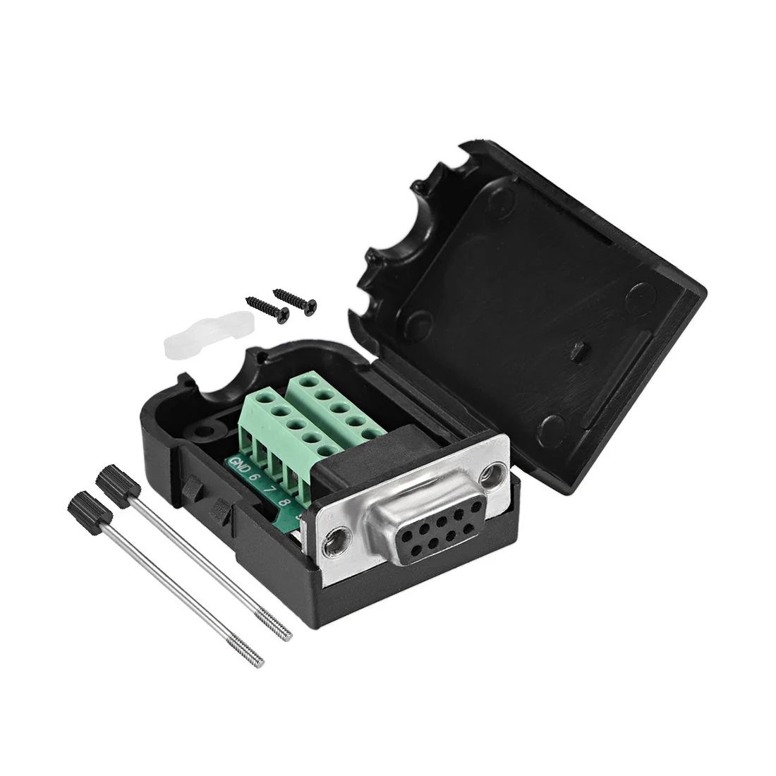 D-sub DB9 Breakout Board Connector with Case 9 Pin 2 Row Female RS232 Serial Port Solderless Terminal Block Adapter with Thumb Screws