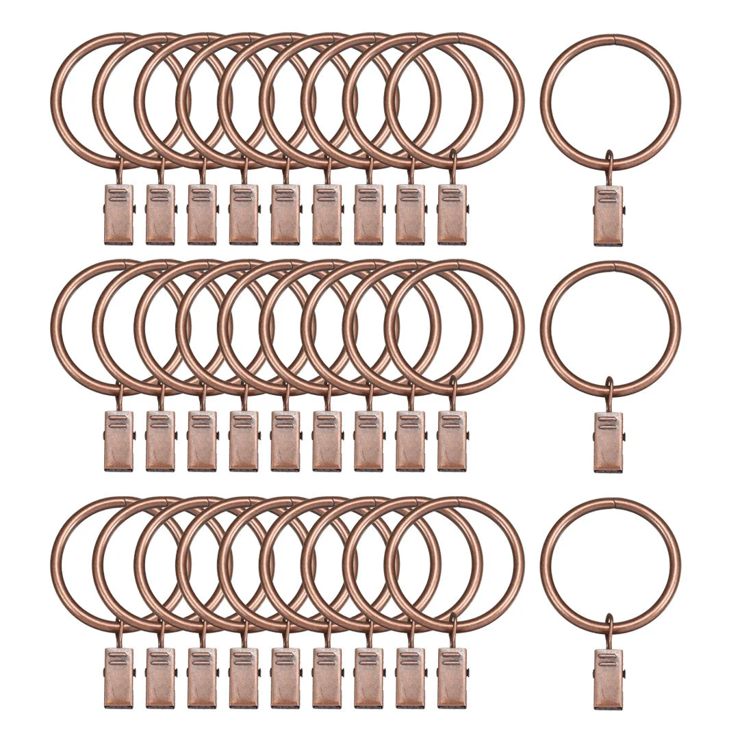 Curtain Rings with Clips Strong Decorative Metal Drapery Shower Rustproof 1.5" Interior Diameter 30 Pack Copper Tone
