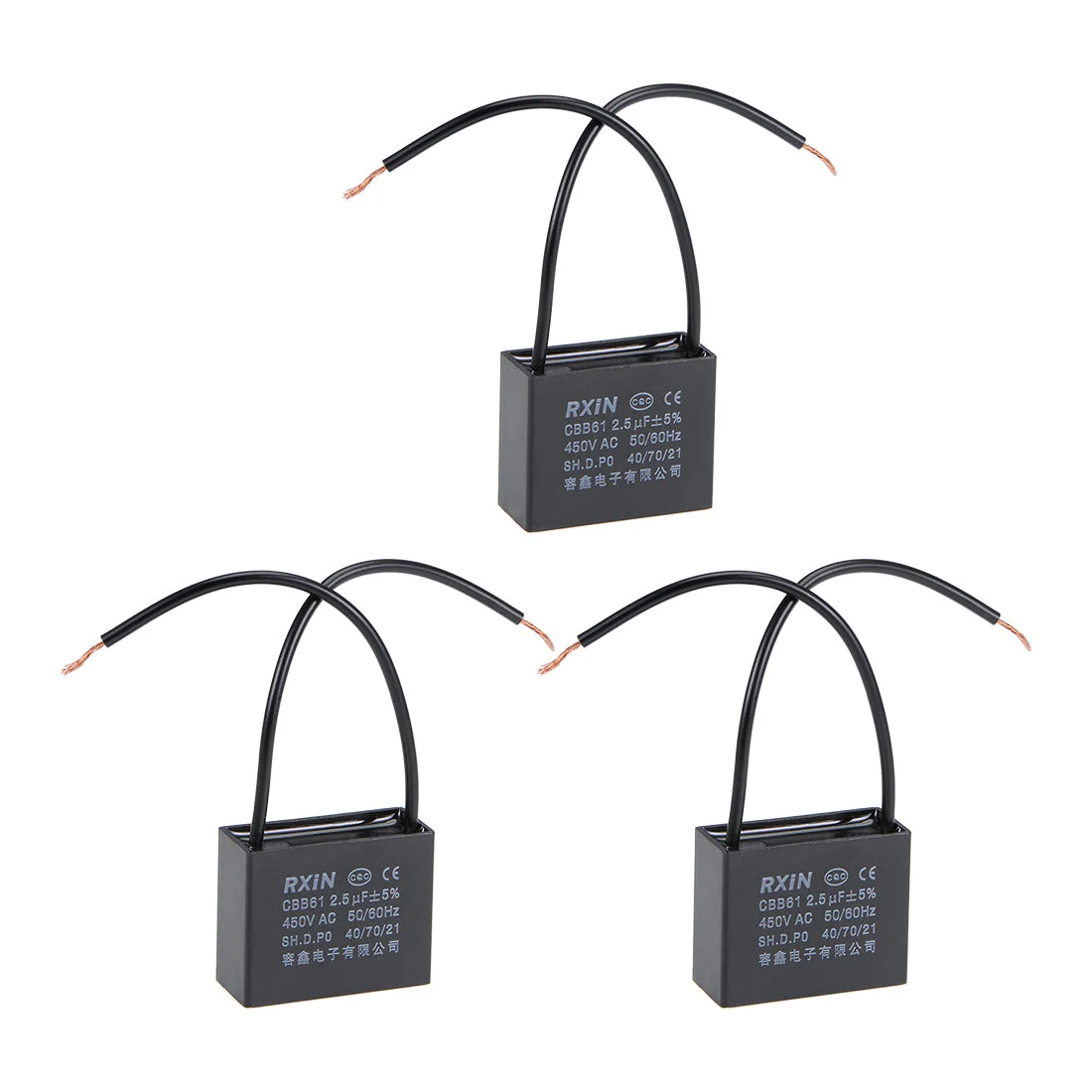 Ceiling Fan Capacitor CBB61 2.5uF 450V AC 2 Wires Metalized Polypropylene Film Capacitors 36.5x19x29.5mm for Water Pump Motor Generator, Pack of 3