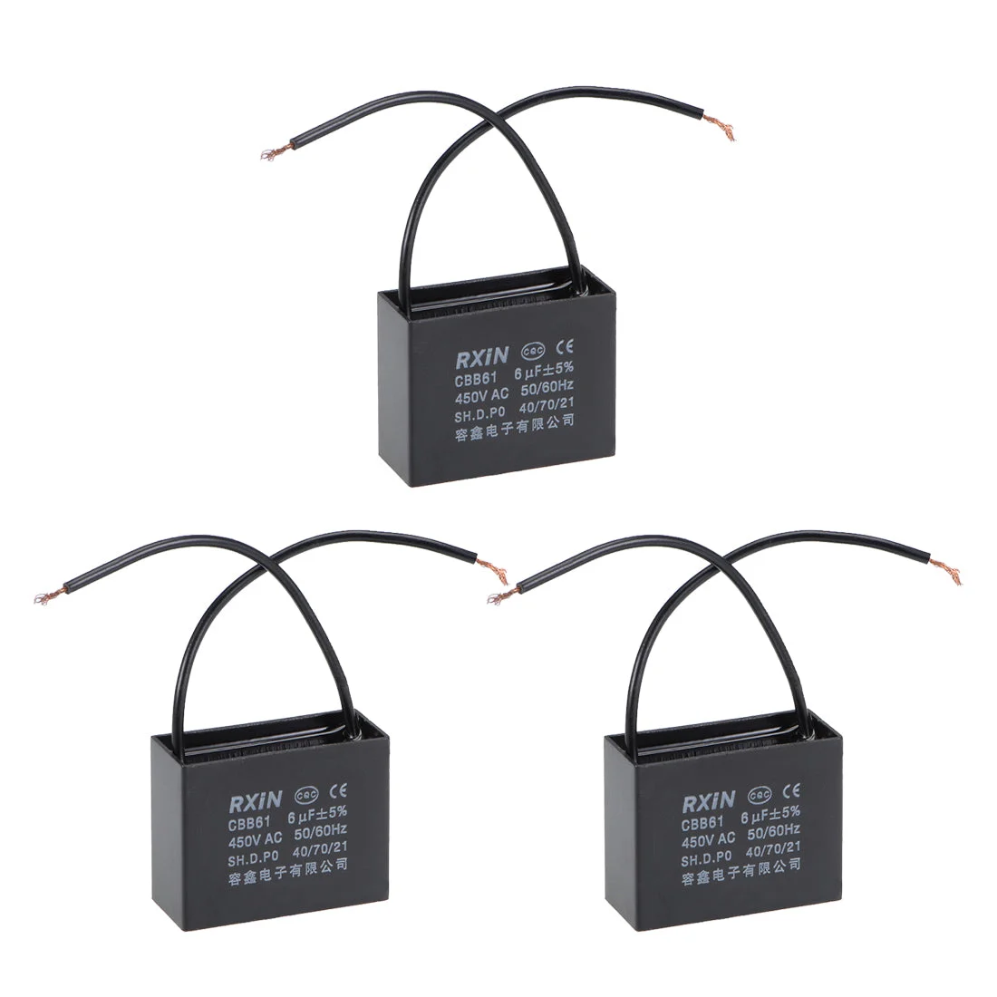 2 Wire CBB61 Ceiling Fan Capacitor 6uF 450V AC Metallized Polypropylene Film Capacitors 3pcs