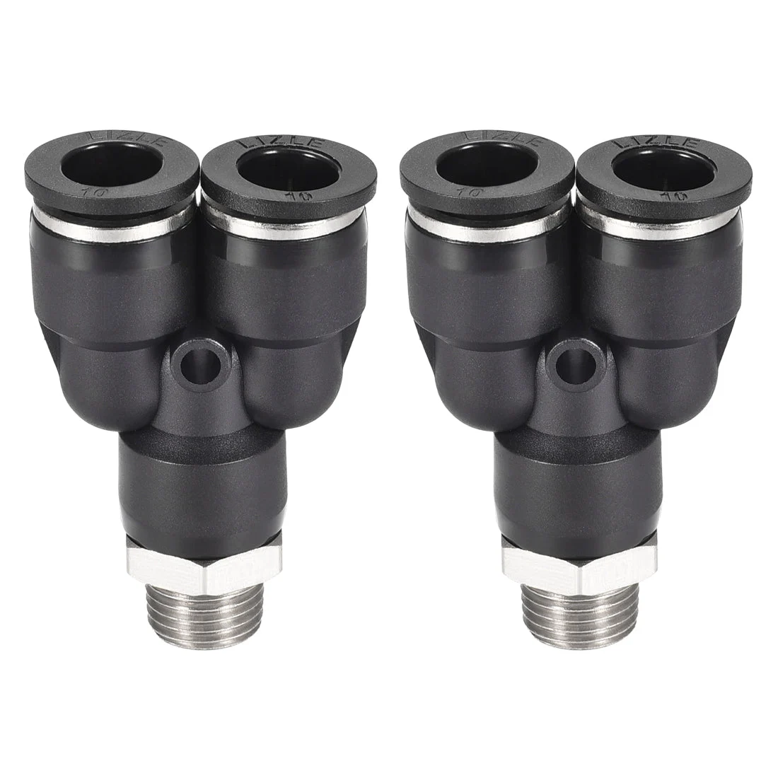 Push To Connect Air Fittings Y Type Tube Connect 10mm OD x 1/4PT Male Thread Tube Fittings Push Lock Black 2Pcs
