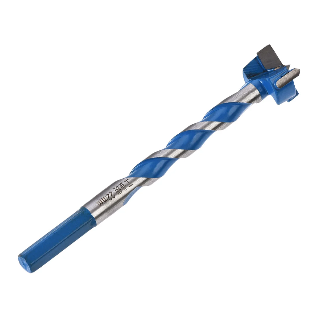 Forstner Wood Boring Drill Bit 22mm Dia. Hole Saw Carbide Alloy Steel Tip Hex Shank Cutting for Hinge Plywood Wood Tool Blue