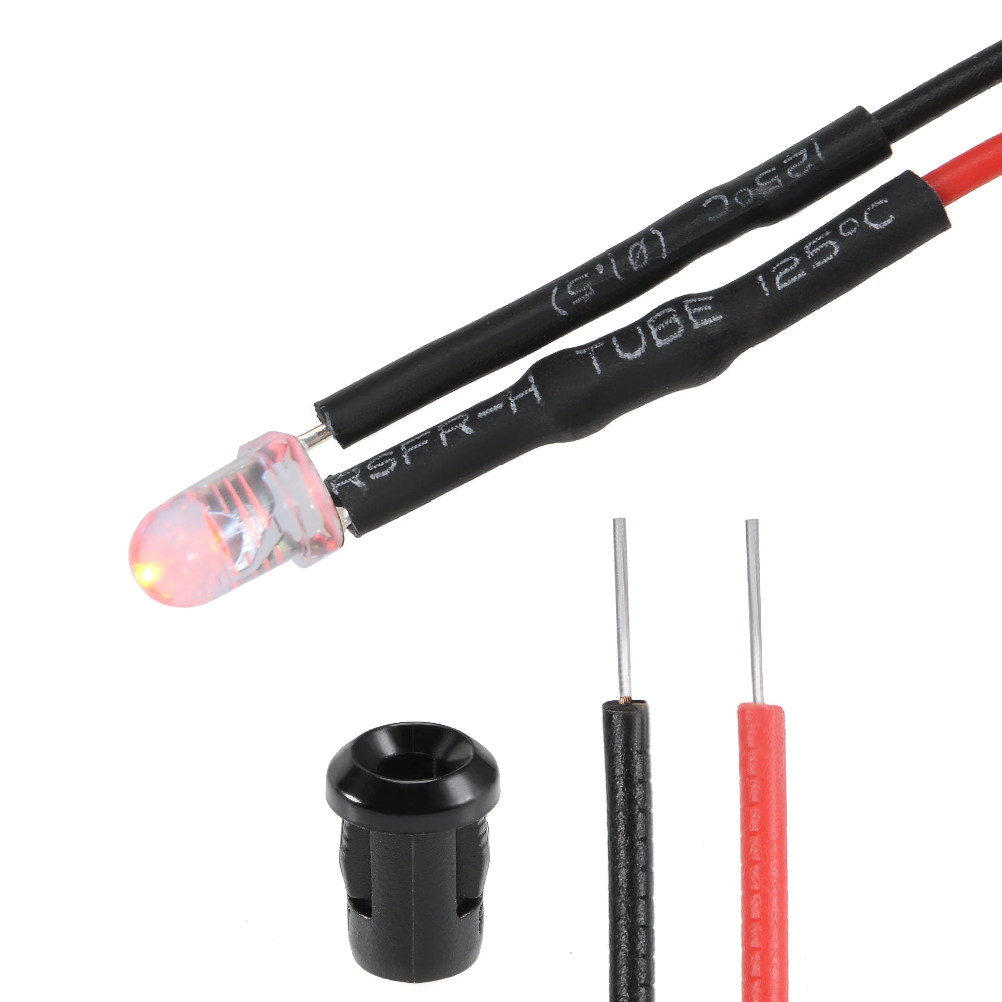 5Set DC 12V 3mm Pre Wired LED with Holder, Red Light Round Top Clear Lens, 6mm Panel Mount