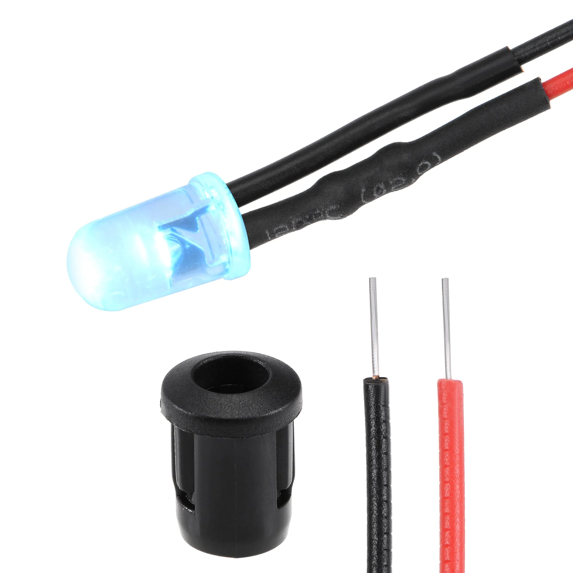 5Set DC 12V 5mm Pre Wired LED with Holder, Ice-Blue Light Round Top Clear Lens, 8mm Panel Mount