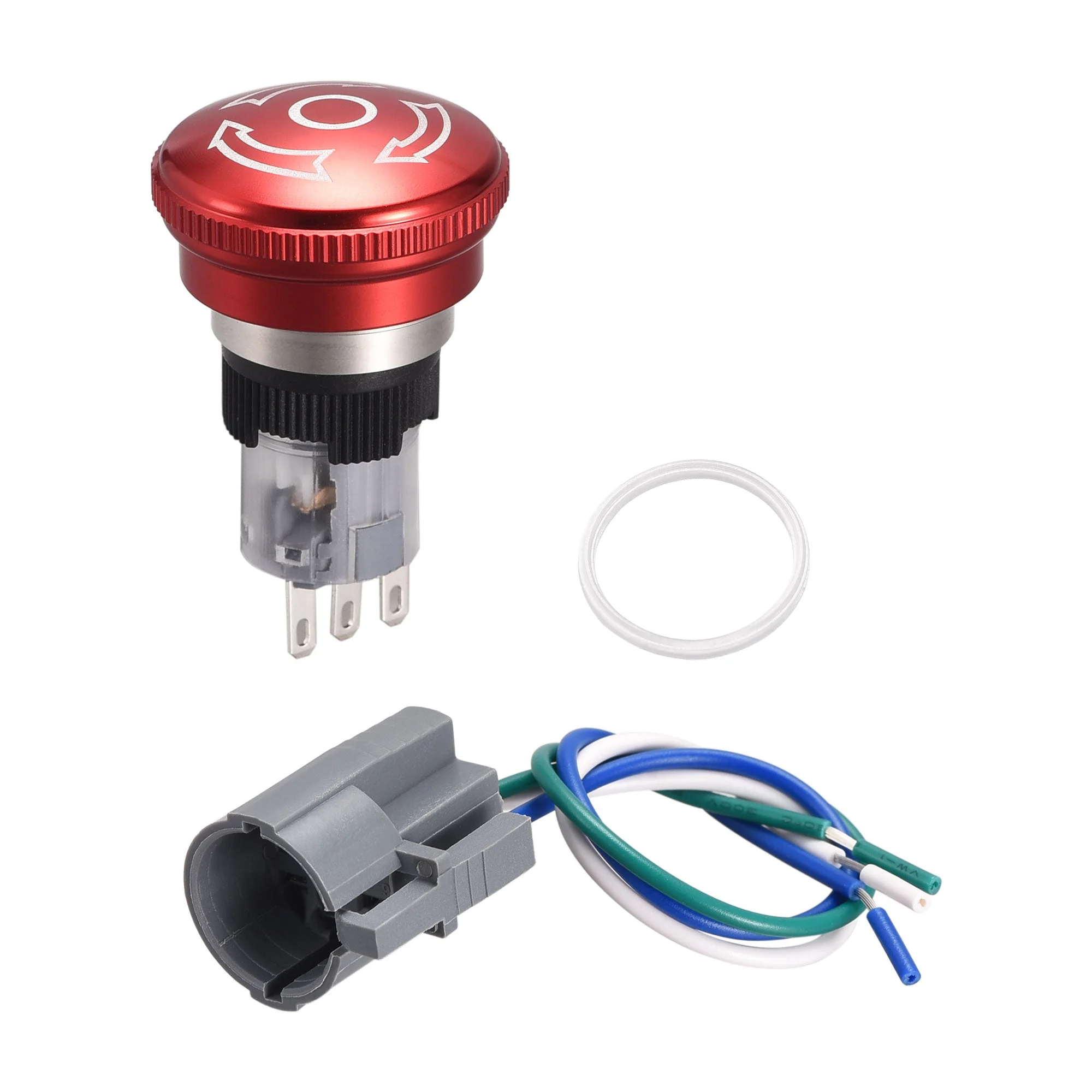 16mm Mounting Latching Emergency Stop Push Button Switch AC250V 5A 1NO 1NC with Plug Wire