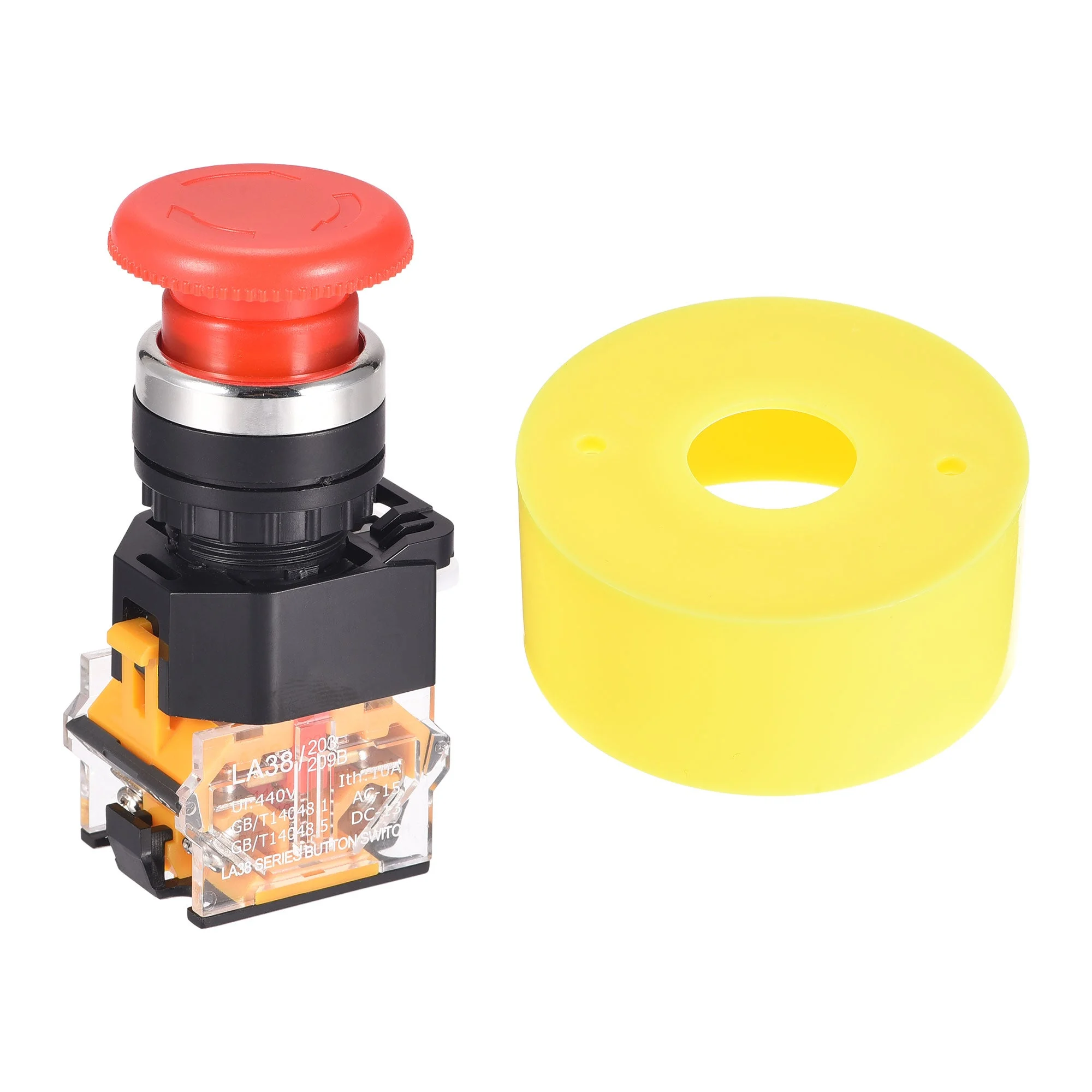22mm Mounting Latching Emergency Stop Push Button Switch With 65mm Yellow Protective Circle 1NO 1NC