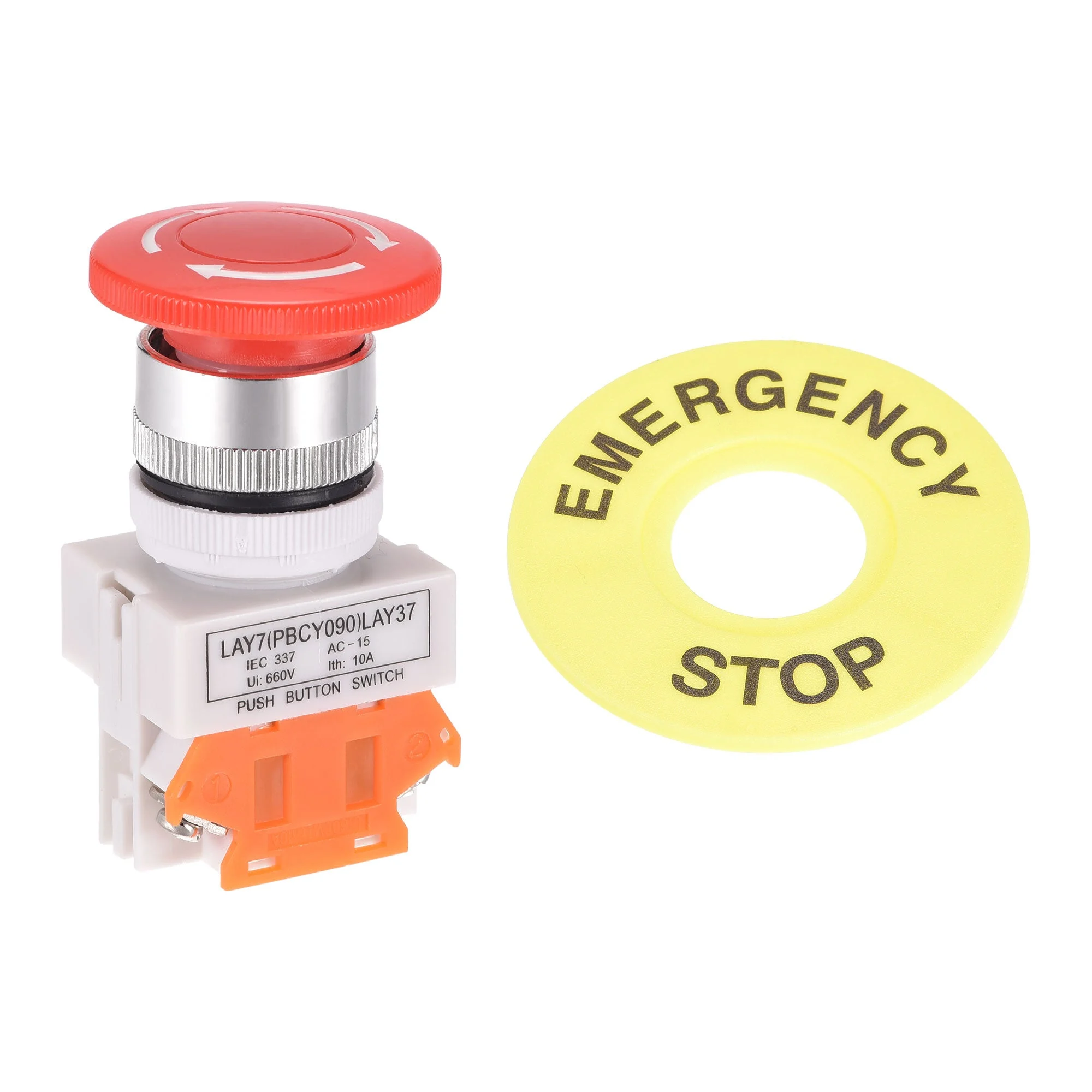 22mm Mounting Latching Emergency Stop Push Button Switch With 60mm Emergency Stop Sign 1NC