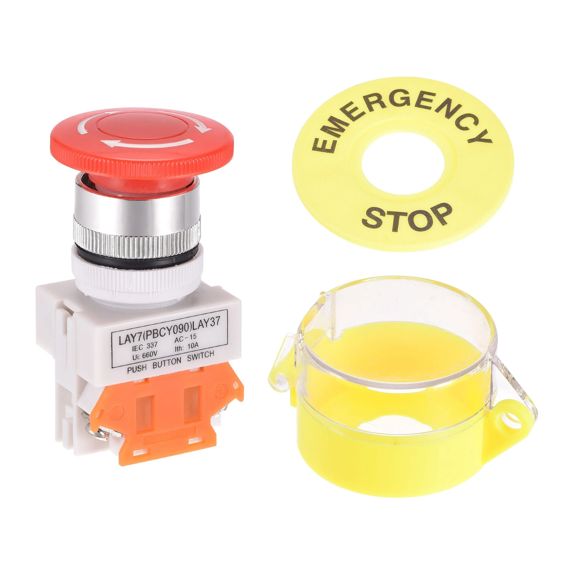 22mm Mounting Latching Emergency Stop Push Button Switch with Yellow Protective Cover 60mm Emergency Stop Sign 1NC