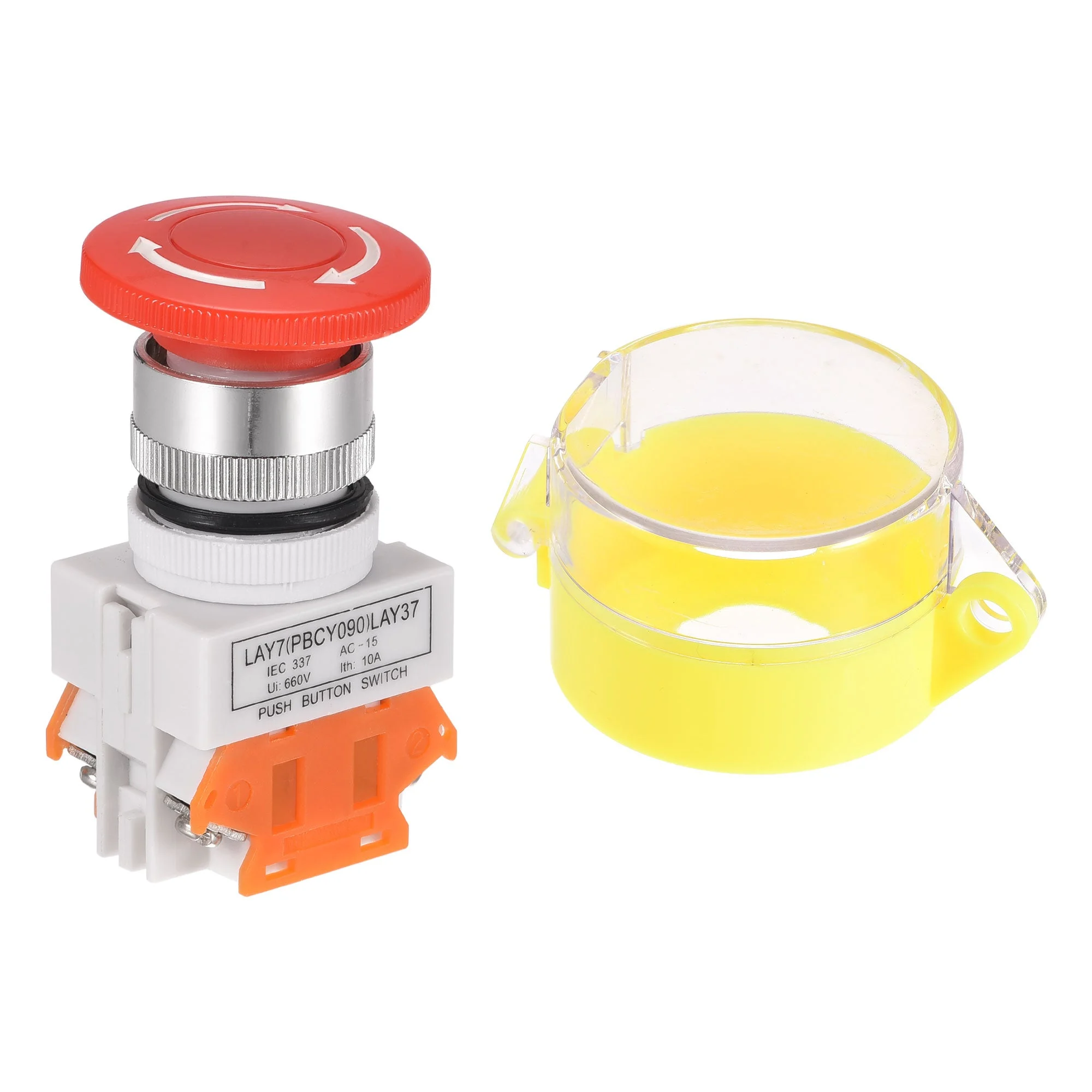 22mm Mounting Latching Emergency Stop Push Button Switch With Yellow Protective Cover 2NC
