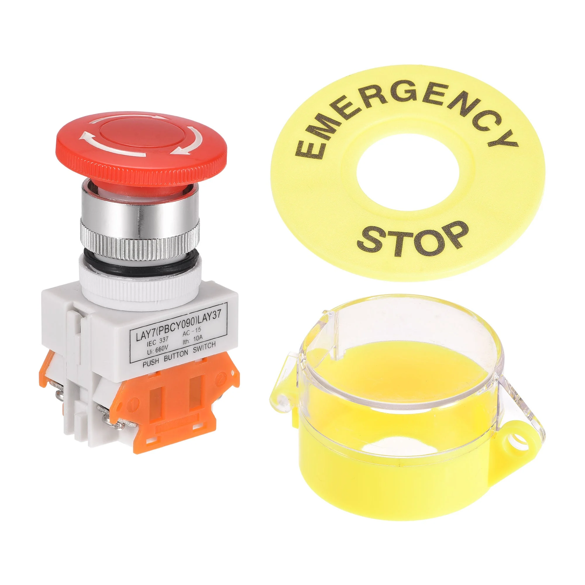 22mm Mounting Latching Emergency Stop Push Button Switch With Yellow Protective Cover 60mm Emergency Stop Sign 2NC