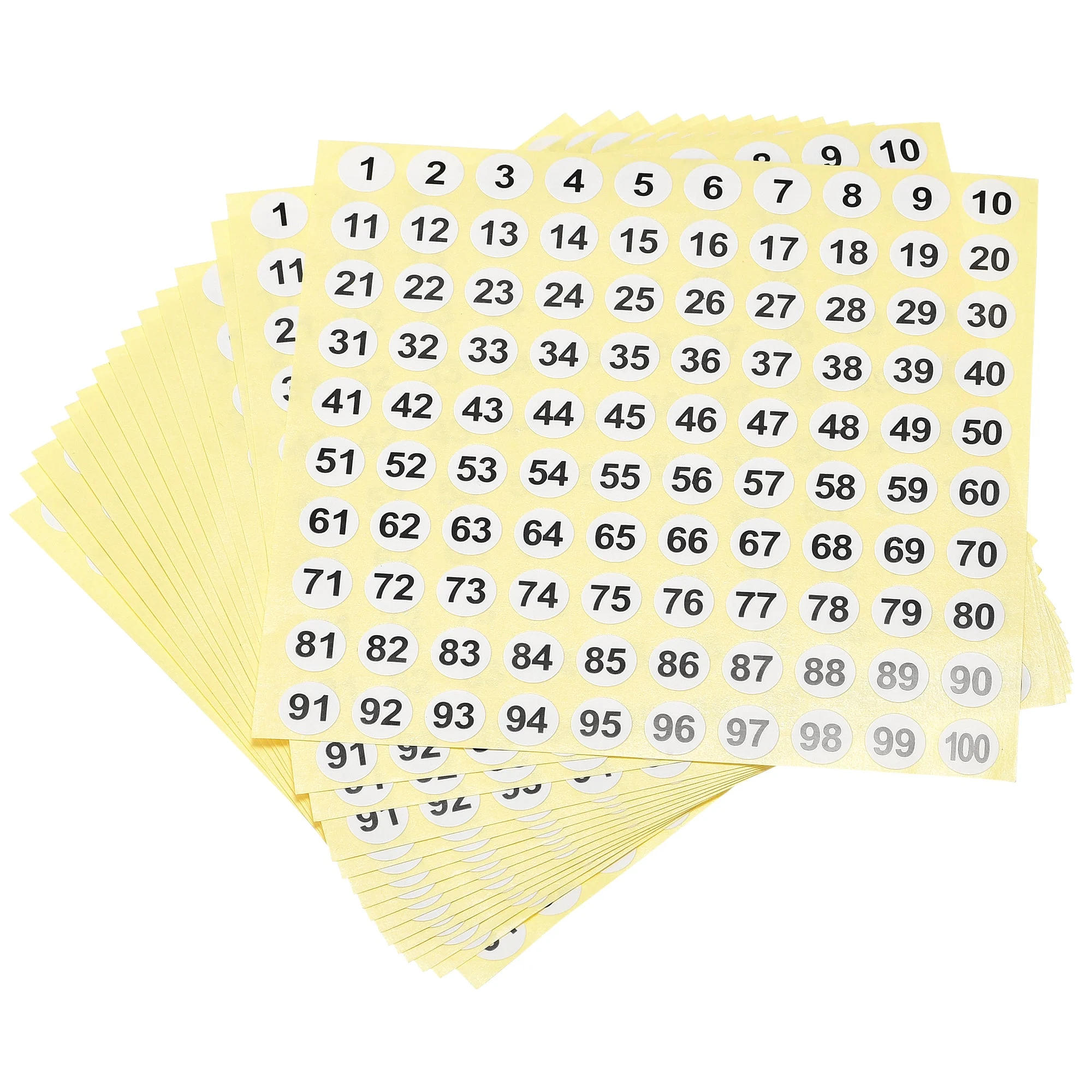 Round Number Stickers, 10mm Dia Number 1-100 Coated Paper Label 15 Sheets, Black Word/White Background