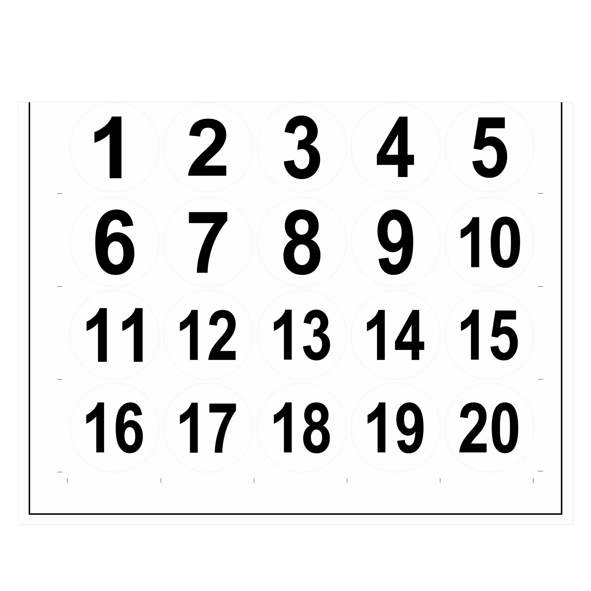 Round Number Stickers, 50mm Dia Number 1-20 Self Adhesive PVC Label Waterproof Black Word(White Background)