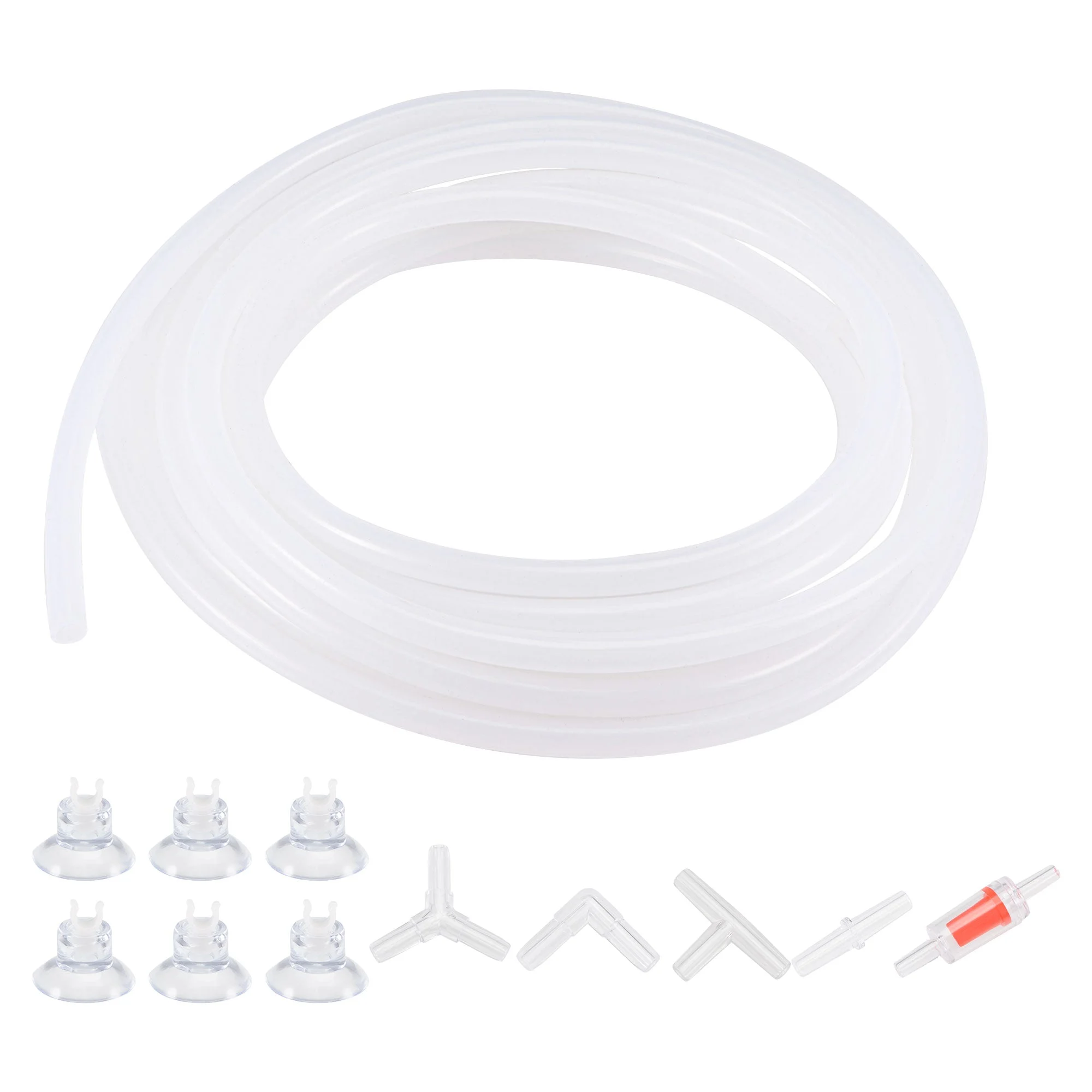 Silicone Tubing 4mm ID 6mm(1/4") OD 5m Aquarium Air Hose with Red Check Valves, Suction Cups, Connectors
