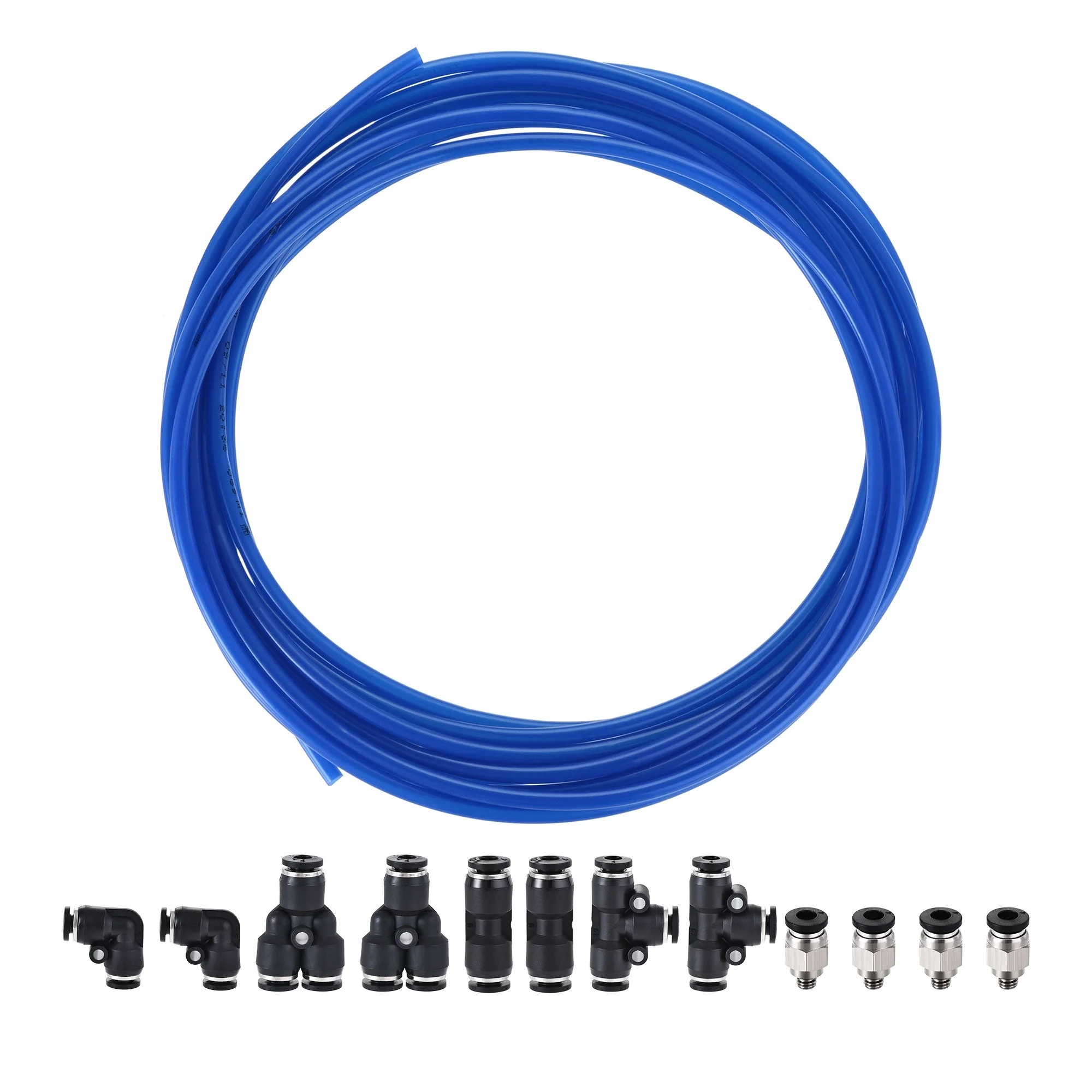 Pneumatic 4mm OD PU Air Hose Pipe Tube Kit 5M Blue with Black Push to Connect Fittings