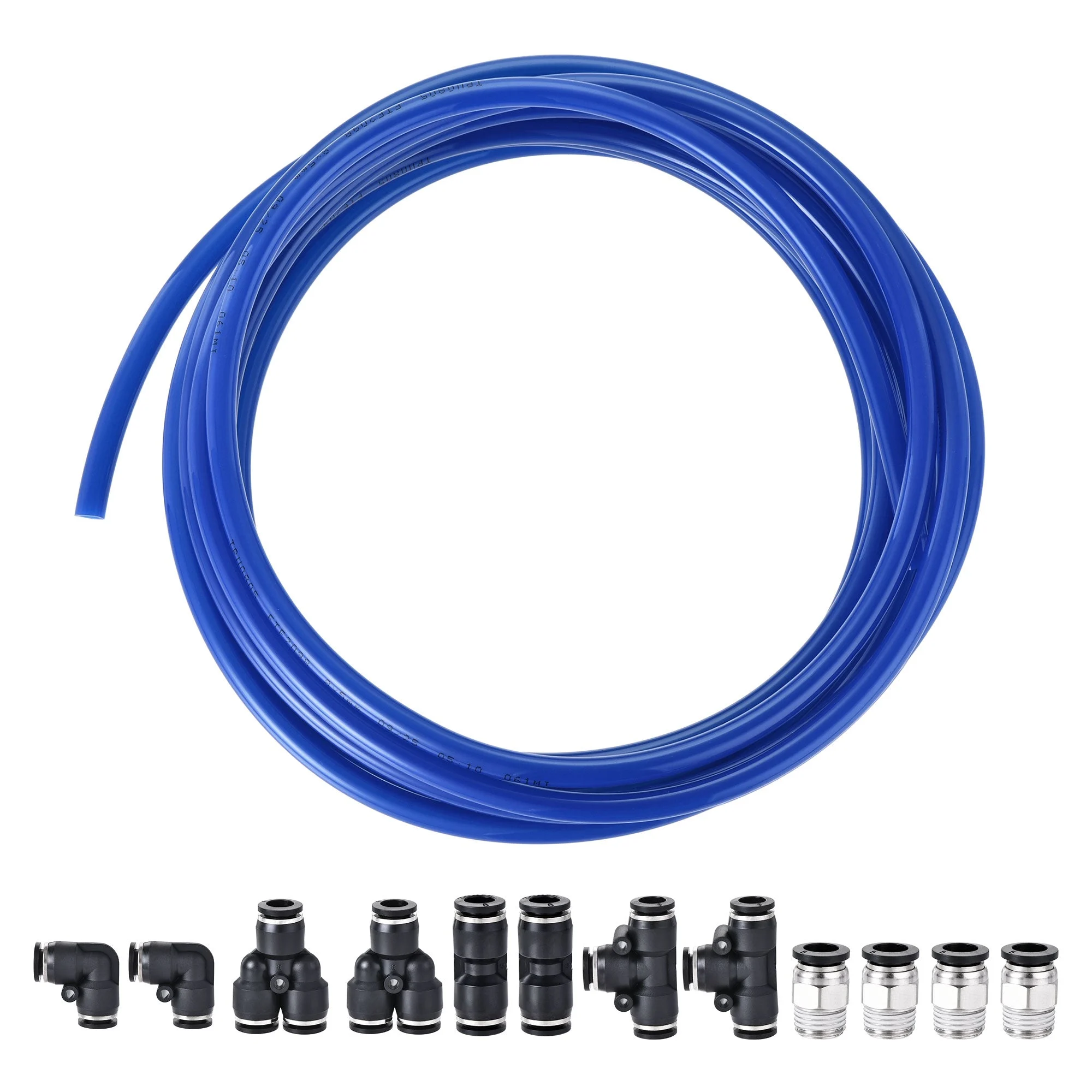 Pneumatic 8mm OD PU Air Hose Tubing Kit 5 Meters Blue with 12 Pcs Push to Connect Fittings