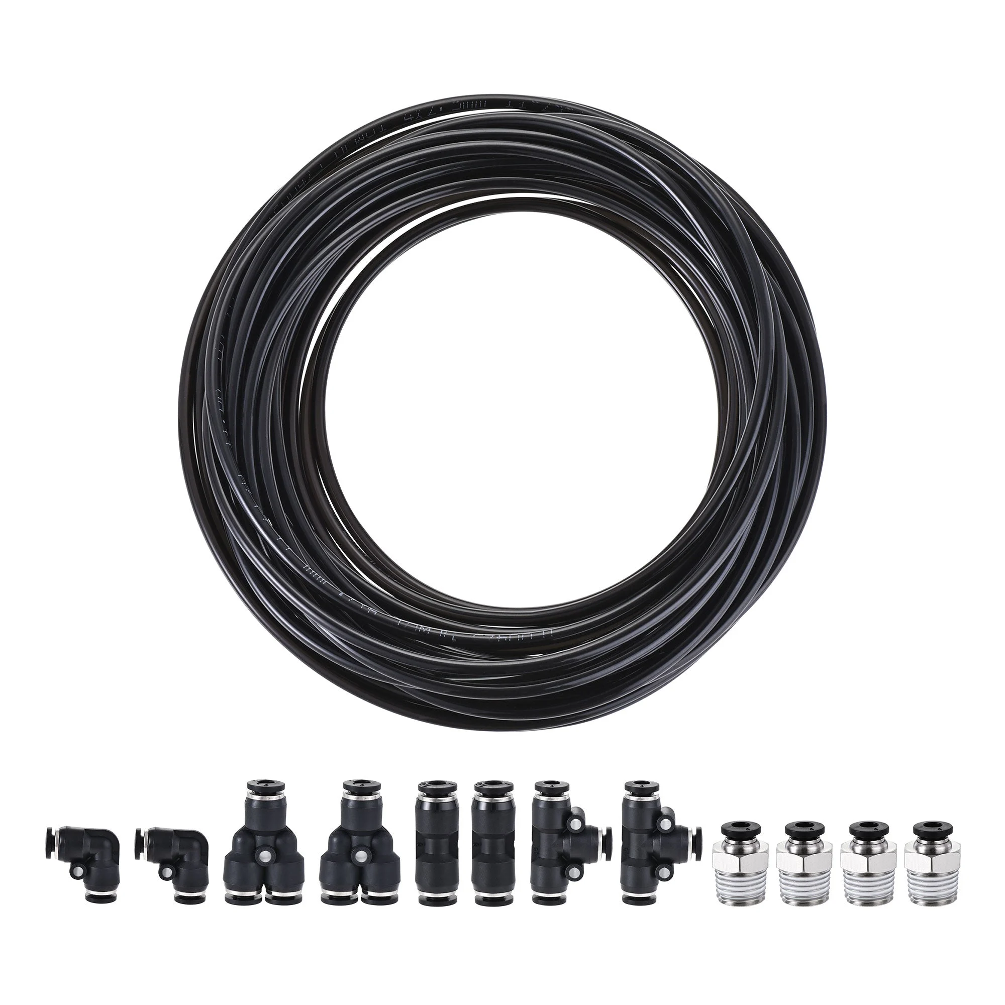 Pneumatic 4mm OD PU Air Hose Tubing Kit 10 Meters Black with 12 Pcs Push to Connect Fittings