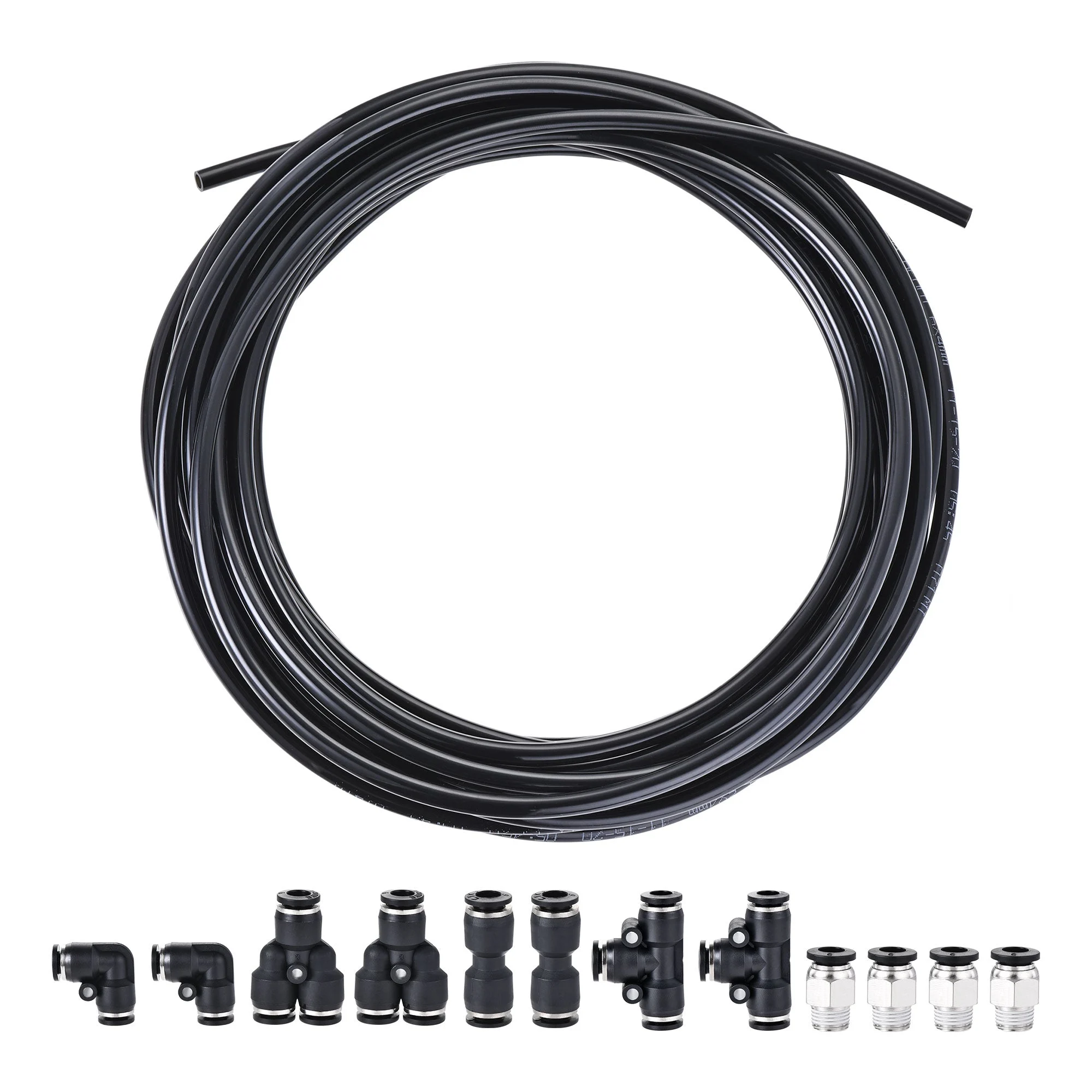 Pneumatic 6mm OD PU Air Hose Tubing Kit 10 Meters Black with Push to Connect Fittings