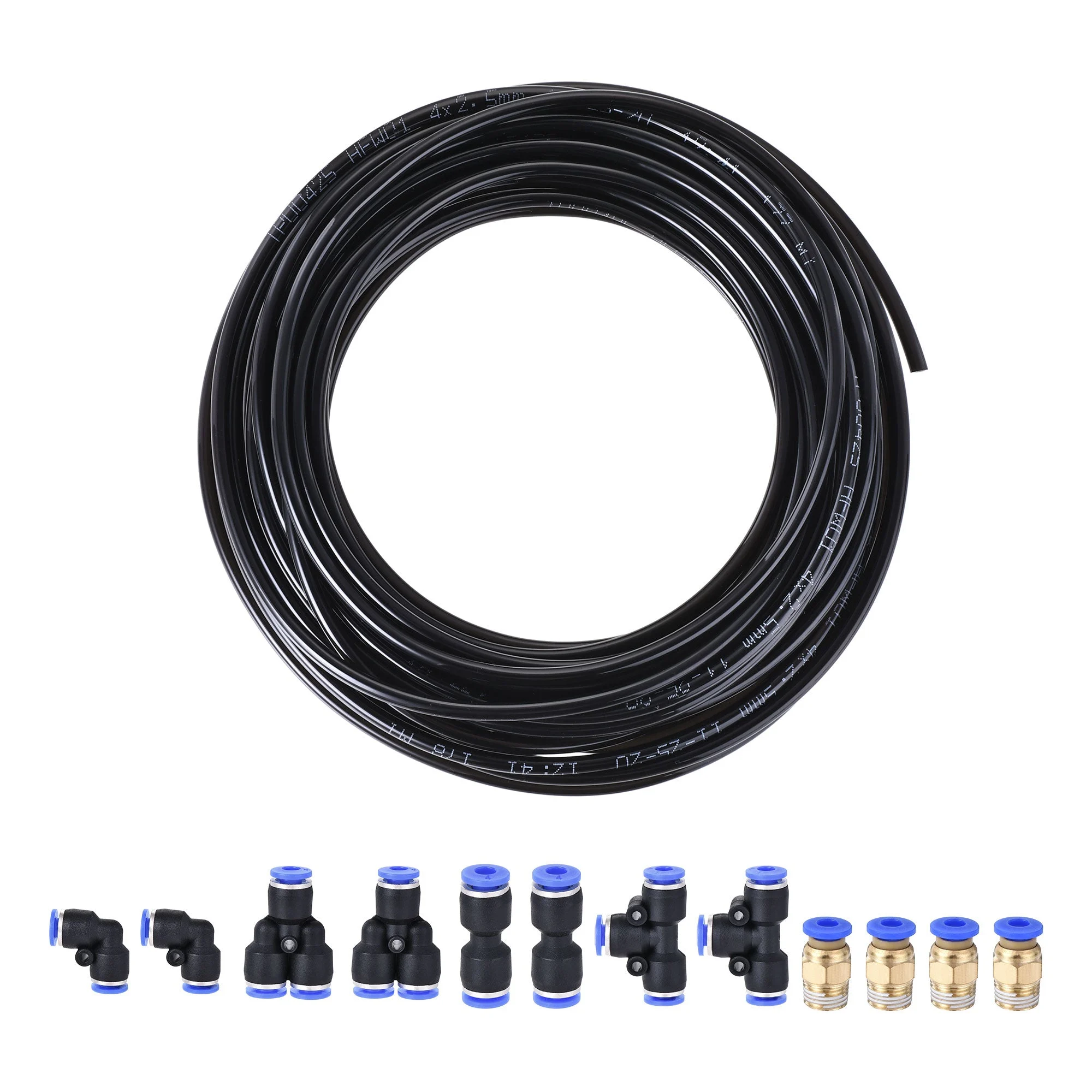 Pneumatic PU Tubing Kit 4mm OD 10M Black with 12 Pcs Push to Connect Fittings