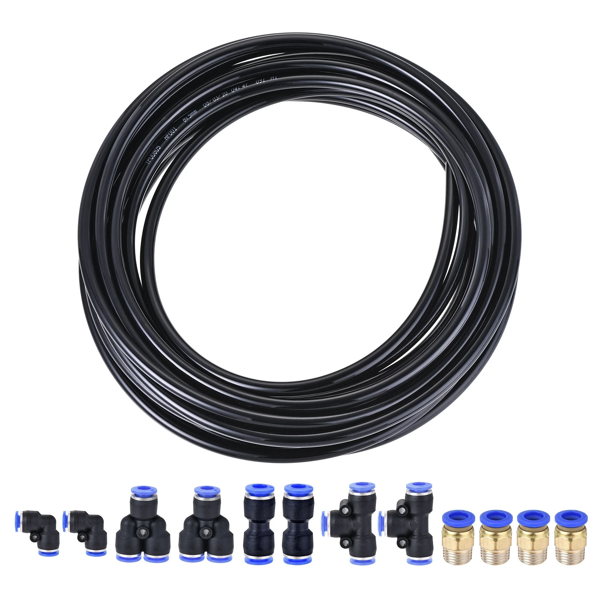 Pneumatic PU Tubing Kit 8mm OD 10M Black with 12 Pcs Push to Connect Fittings