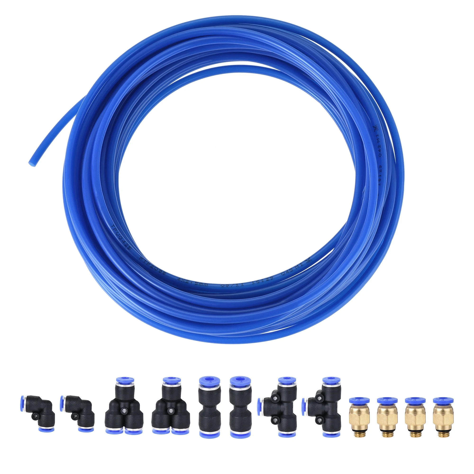 Pneumatic PU Air Tubing Kit with 12 Pcs Quick Fittings for Air Hose Line Pipe 4mm OD 10 Meters Blue