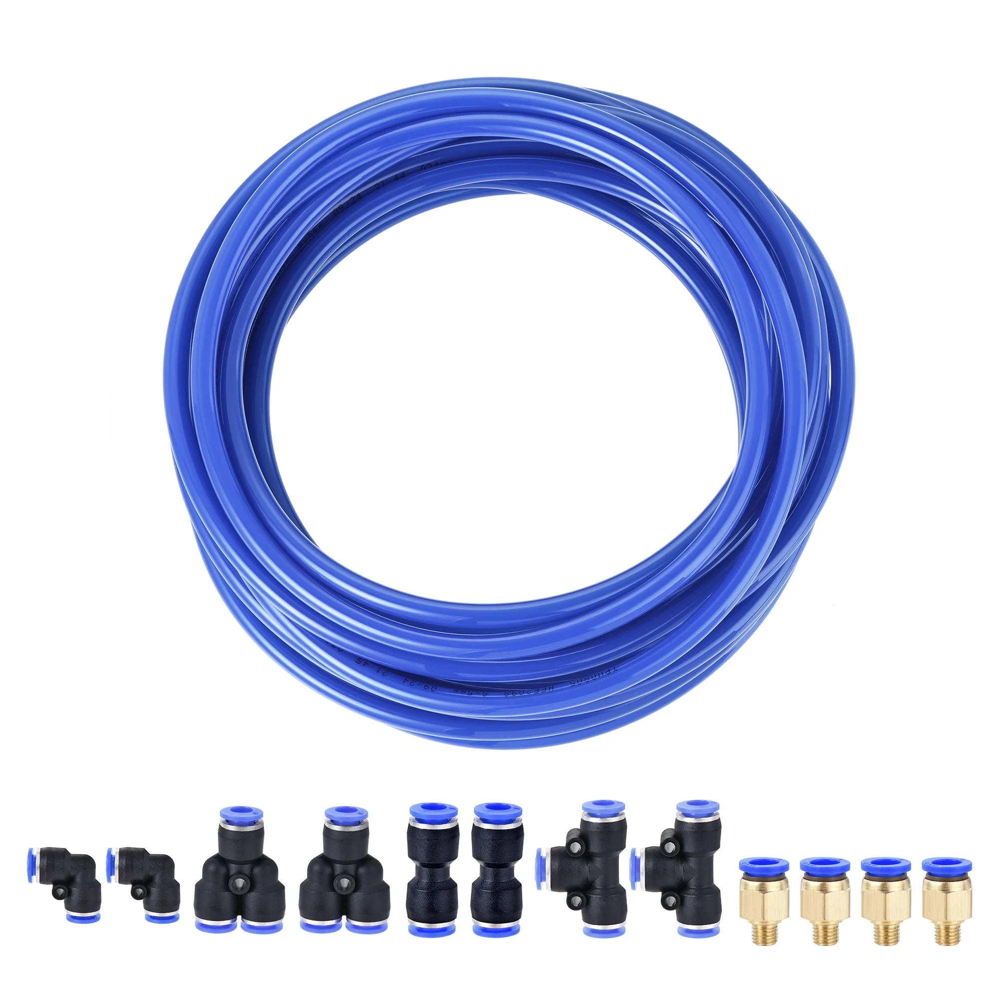 Pneumatic PU Tubing Kit 8mm OD 10M Blue with 12 Pcs Push to Connect Fittings