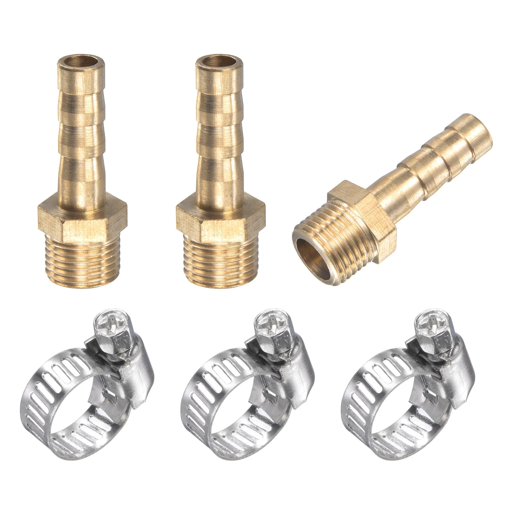 Brass Hose Barb Fitting Straight 6mm x G1/8 Male Thread Pipe Connector with Stainless Steel Hose Clamp, Pack of 3