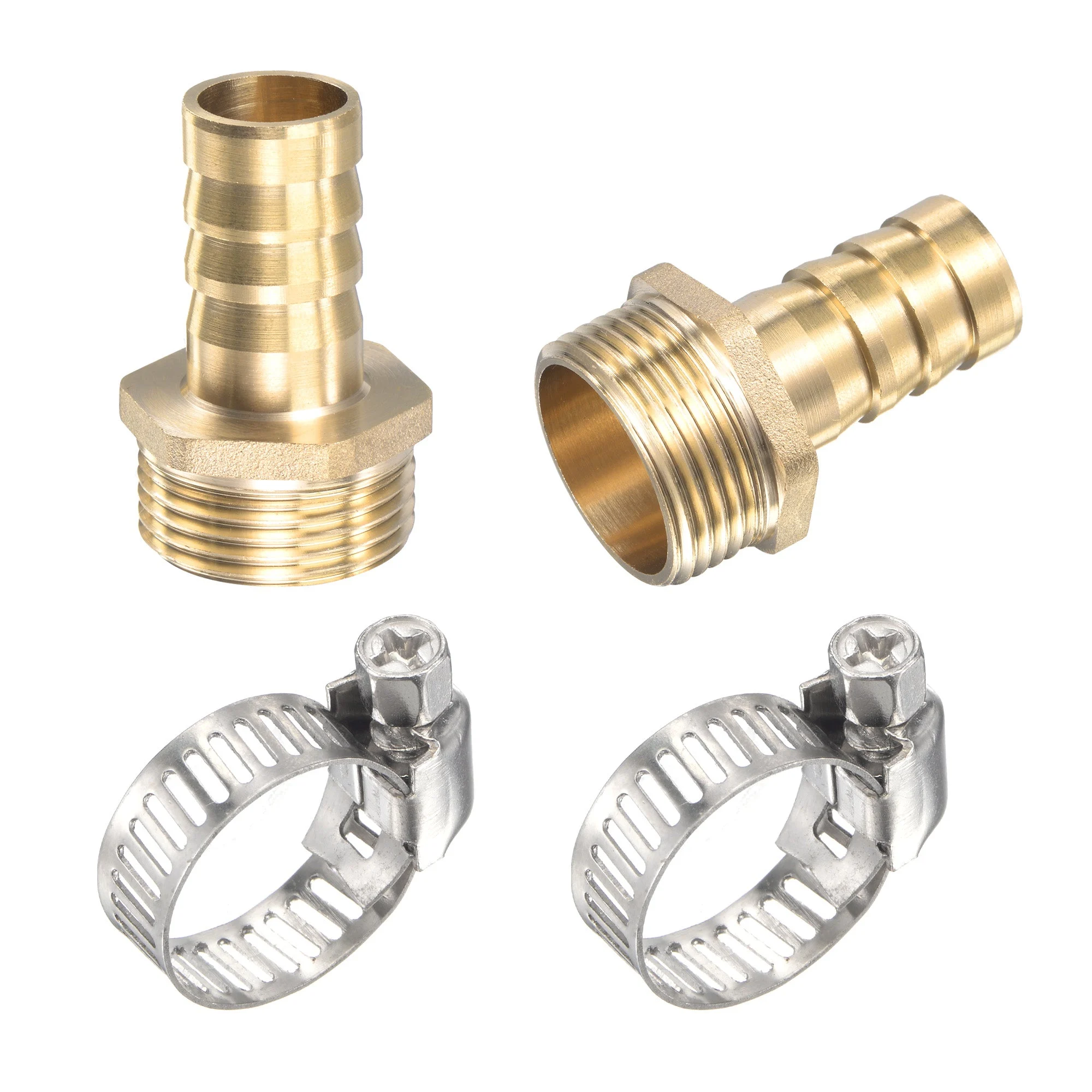 Brass Hose Barb Fitting Straight 16mm x G3/4 Male Thread Pipe Connector with Stainless Steel Hose Clamp, Pack of 2