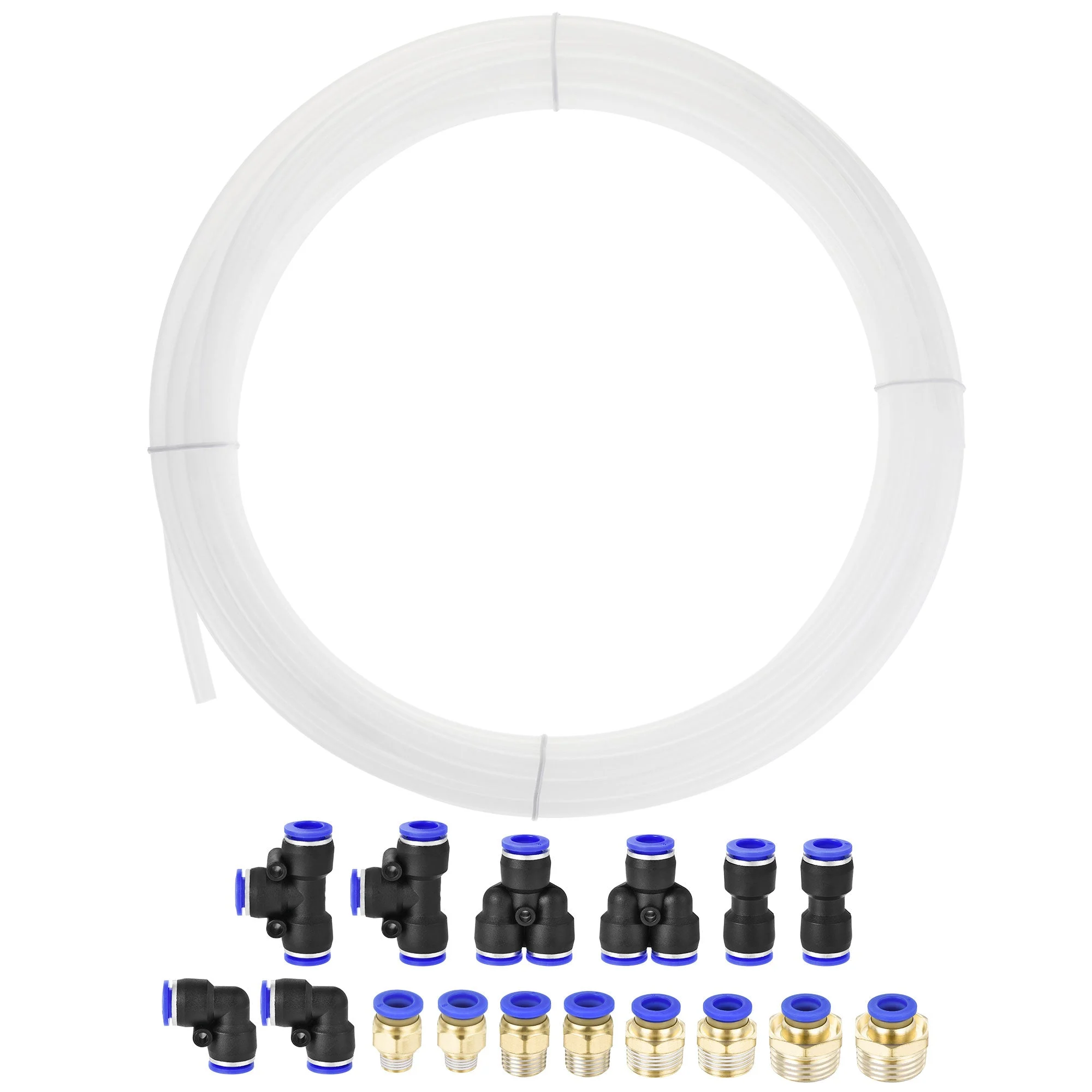 Pneumatic 8mm OD Nylon Air Hose Tubing Kit 10 Meters White with 16 Pcs Push to Connect Fittings