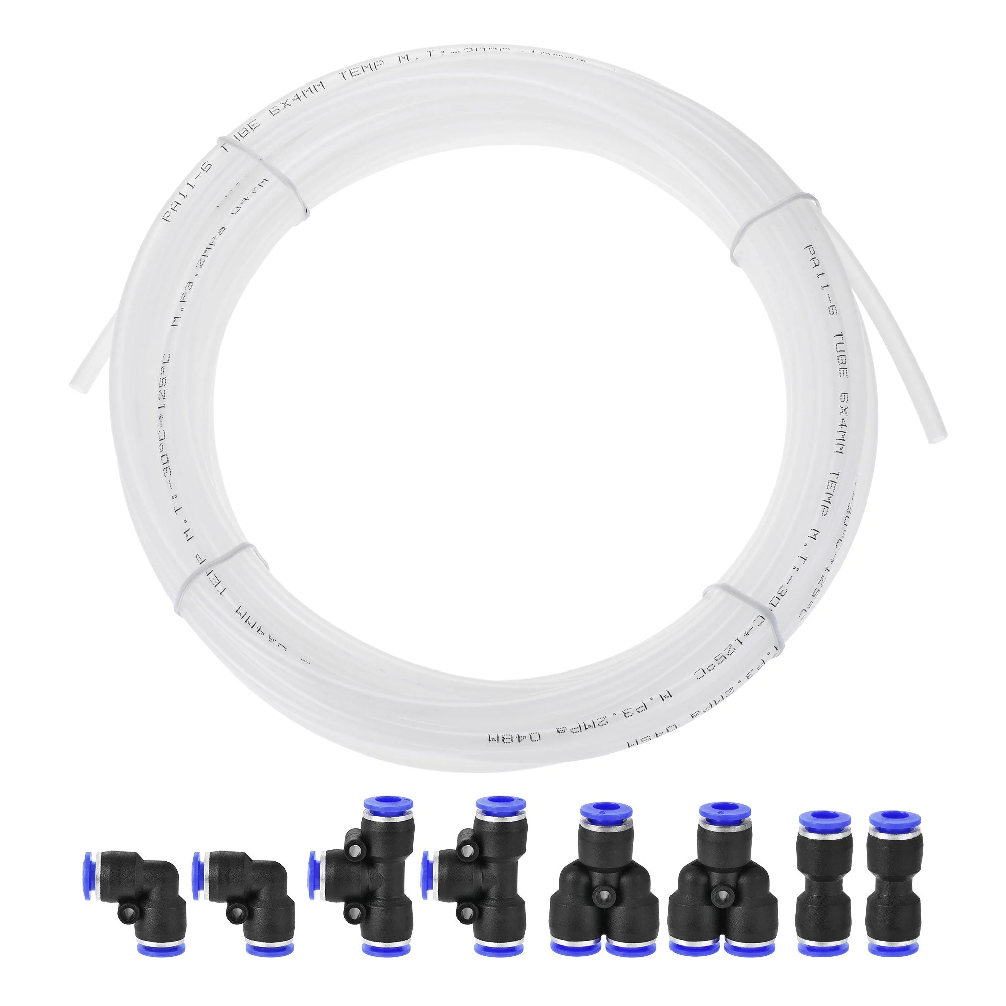Pneumatic 6mm OD Nylon Air Hose Tubing Kit 10 Meters White with 8 Pcs Push to Connect Fittings