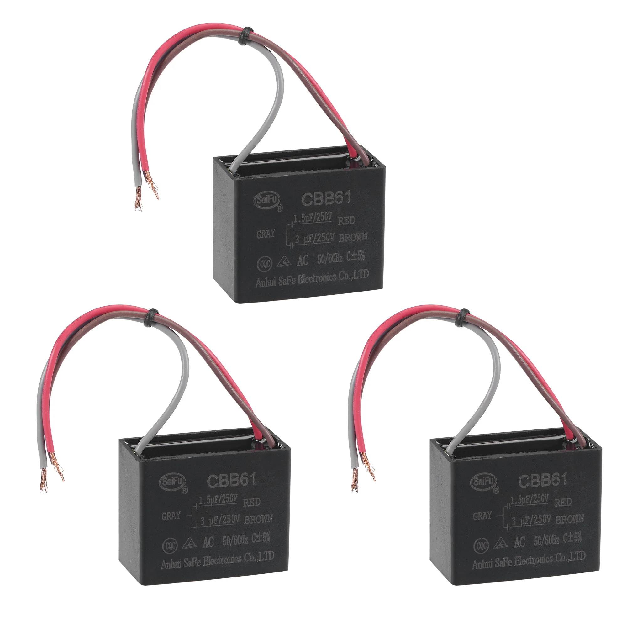 Ceiling Fan Capacitor CBB61 1.5/3uF 250V AC 3 Wires Metallized Polypropylene Film Capacitor 38x31x22mm for Electric Fan Pump Motor Generator 3Pcs