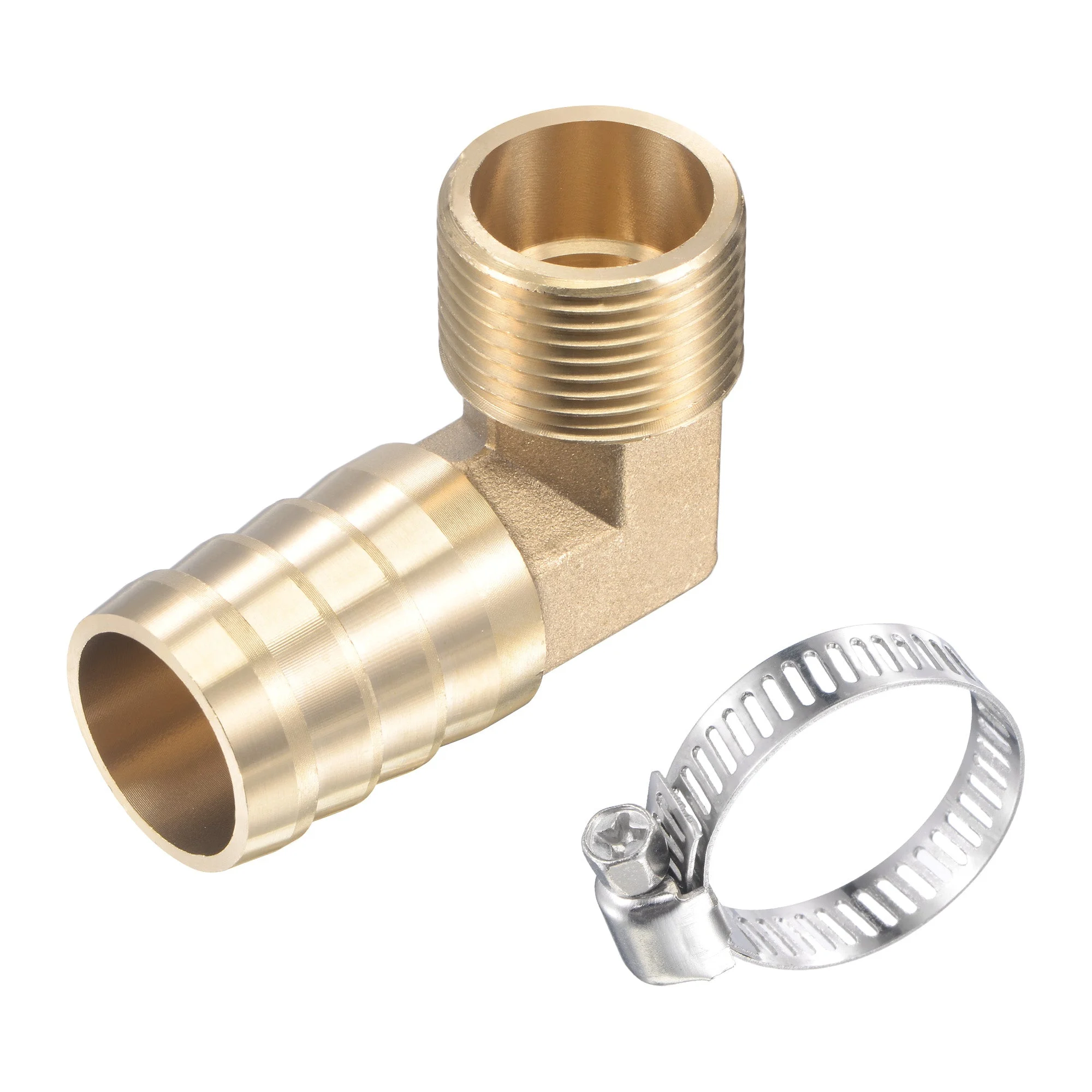 Brass Hose Barb Fitting Elbow 25mm x G3/4 Male Thread Right Angle Pipe Connector with Stainless Steel Hose Clamp