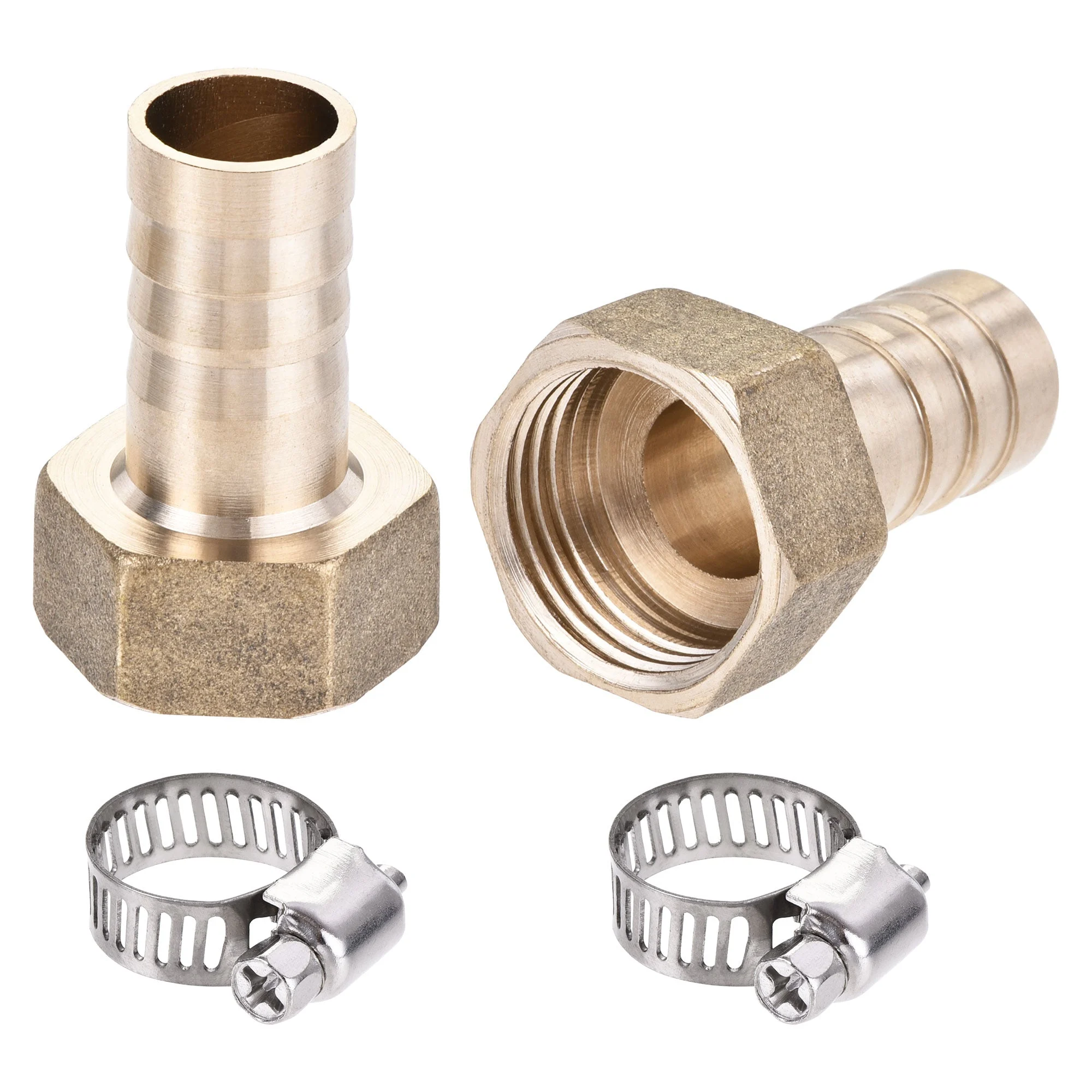 Brass Barb Hose Fitting Connector Adapter 14mm Barbed x G1/2 Female Pipe with 9-16mm Hose Clamp 2Set