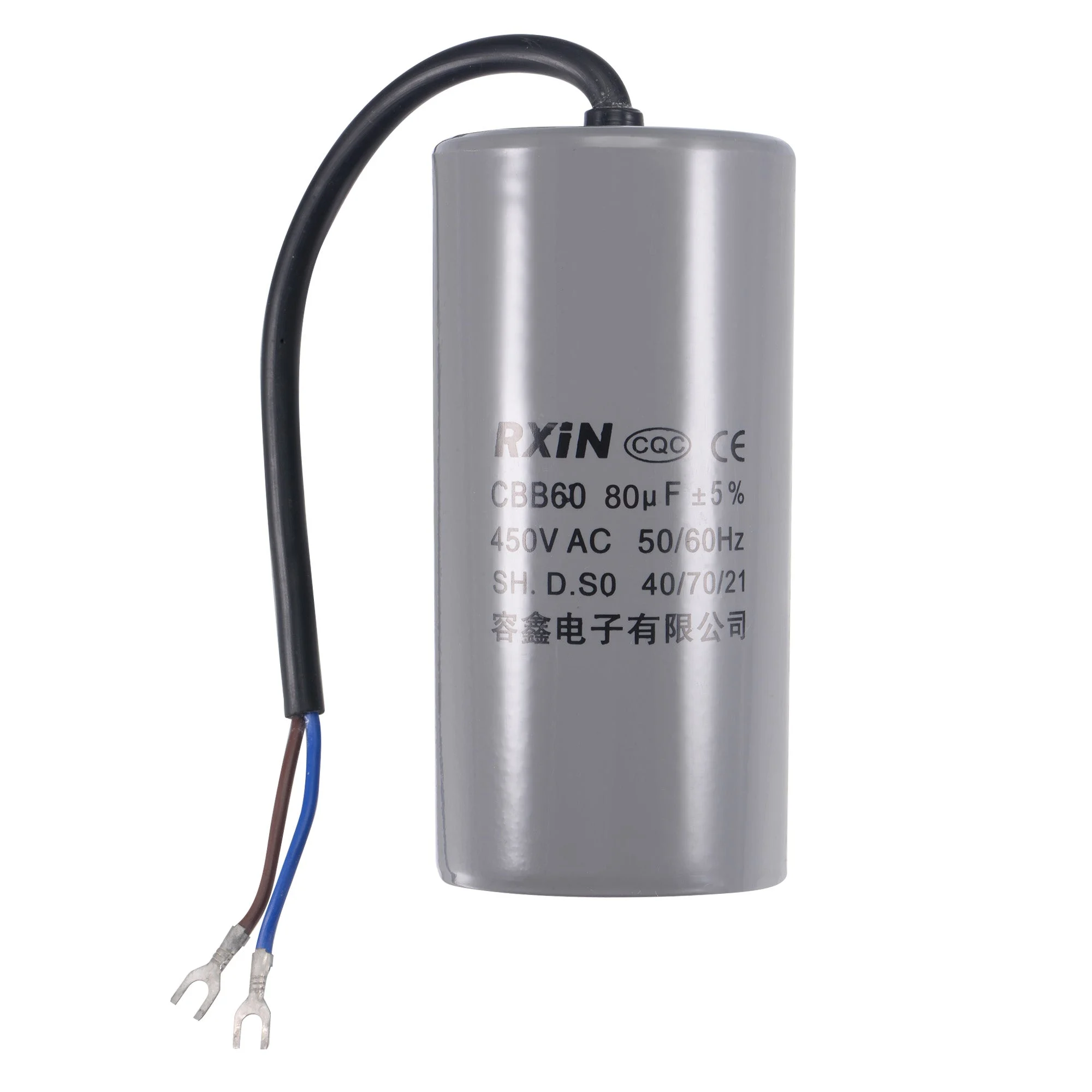 CBB60 Run Capacitor 80uF 450V AC 2 Wires 123x60mm with Terminal for Pump Motor