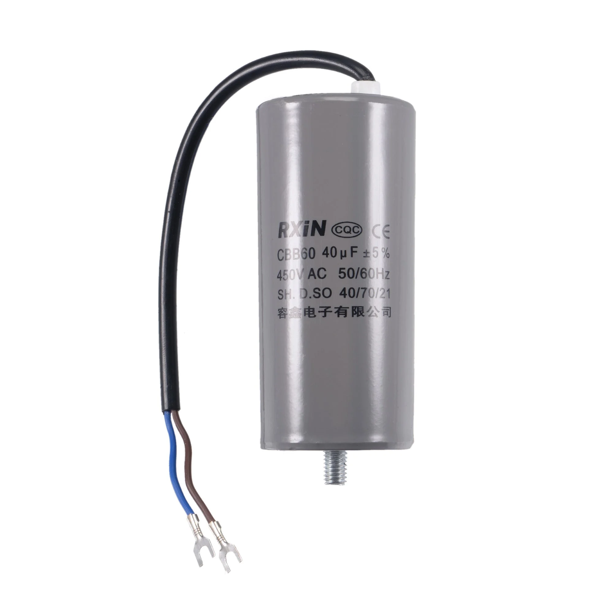 CBB60 Run Capacitor 40uF 450V AC 2 Wires 110x50mm with M8 Fixing Stud, Terminal