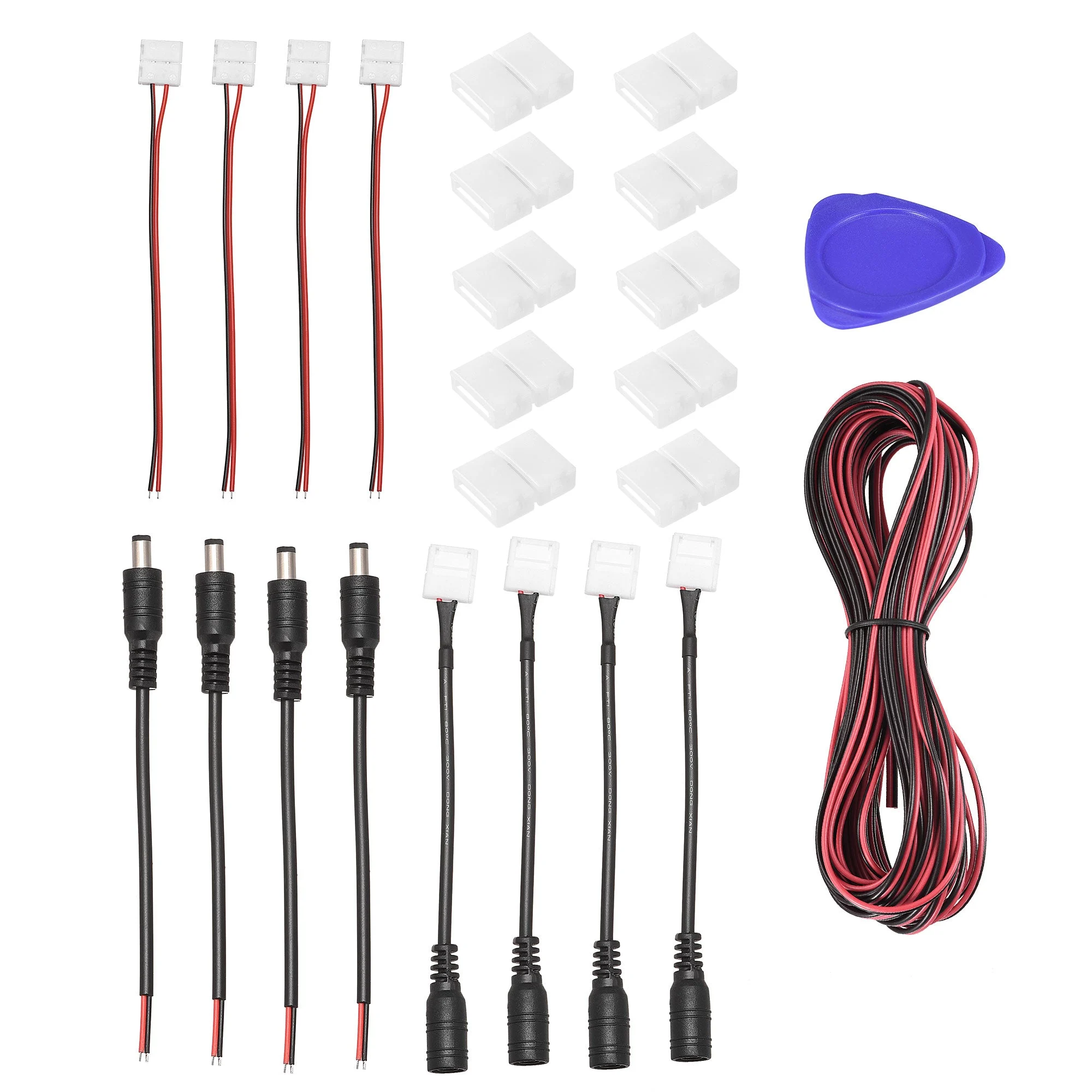 Uxcell 2 Pin 8mm LED Connector Kit, Include 4X DC Male Cable, 4X Strip Cable, 4X Strip to DC Cable, 10X Gapless Connector, 1X 10M Extension Cable