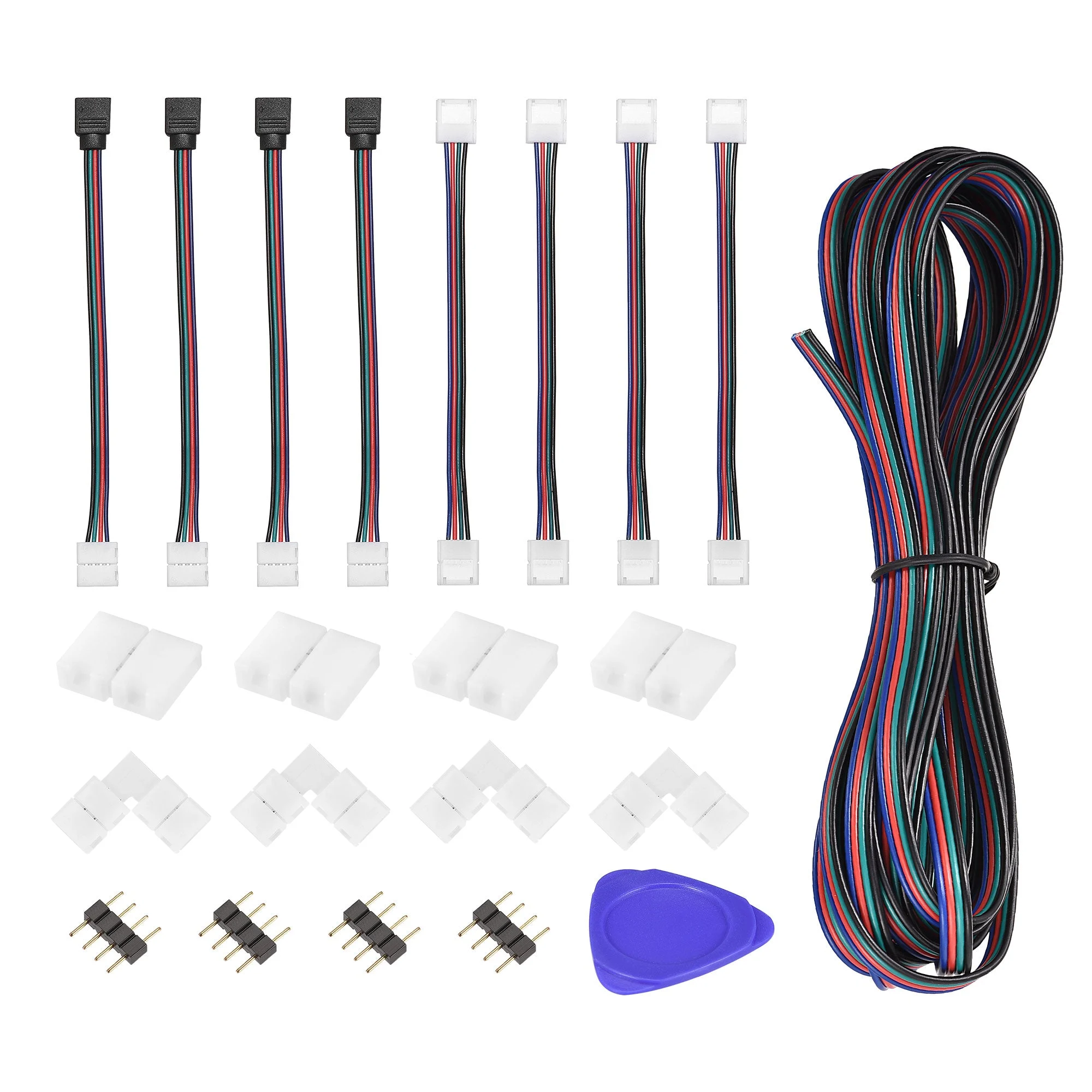 Uxcell 4 Pin 10mm RGB LED Connector Kit, Include 5M Extension Cable, Strip to Power Jumper, Strip to Strip Jumper, L Shape Connectors, Gapless Connectors