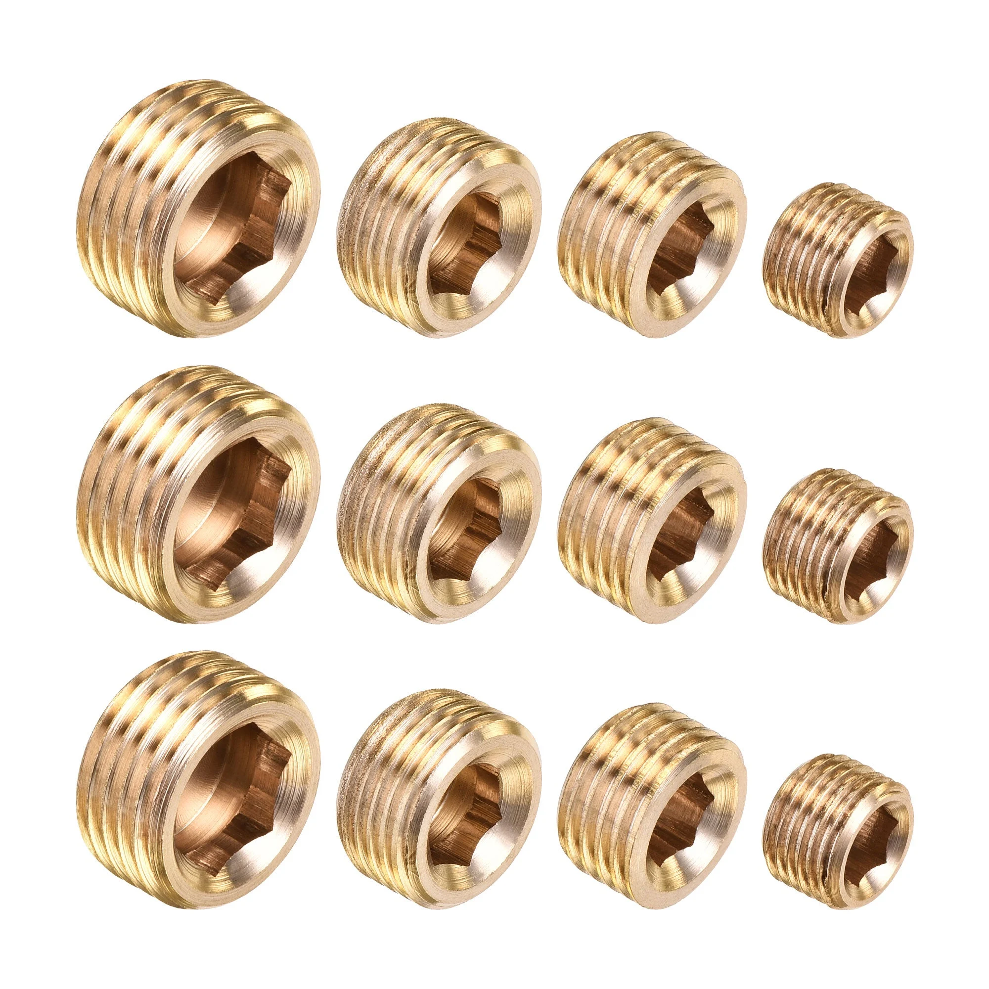 Brass Internal Hex Pipe Plug Assortment 1/8PT 1/4PT 3/8PT 1/2PT Male Thread Socket Cap 4in1 3 Set