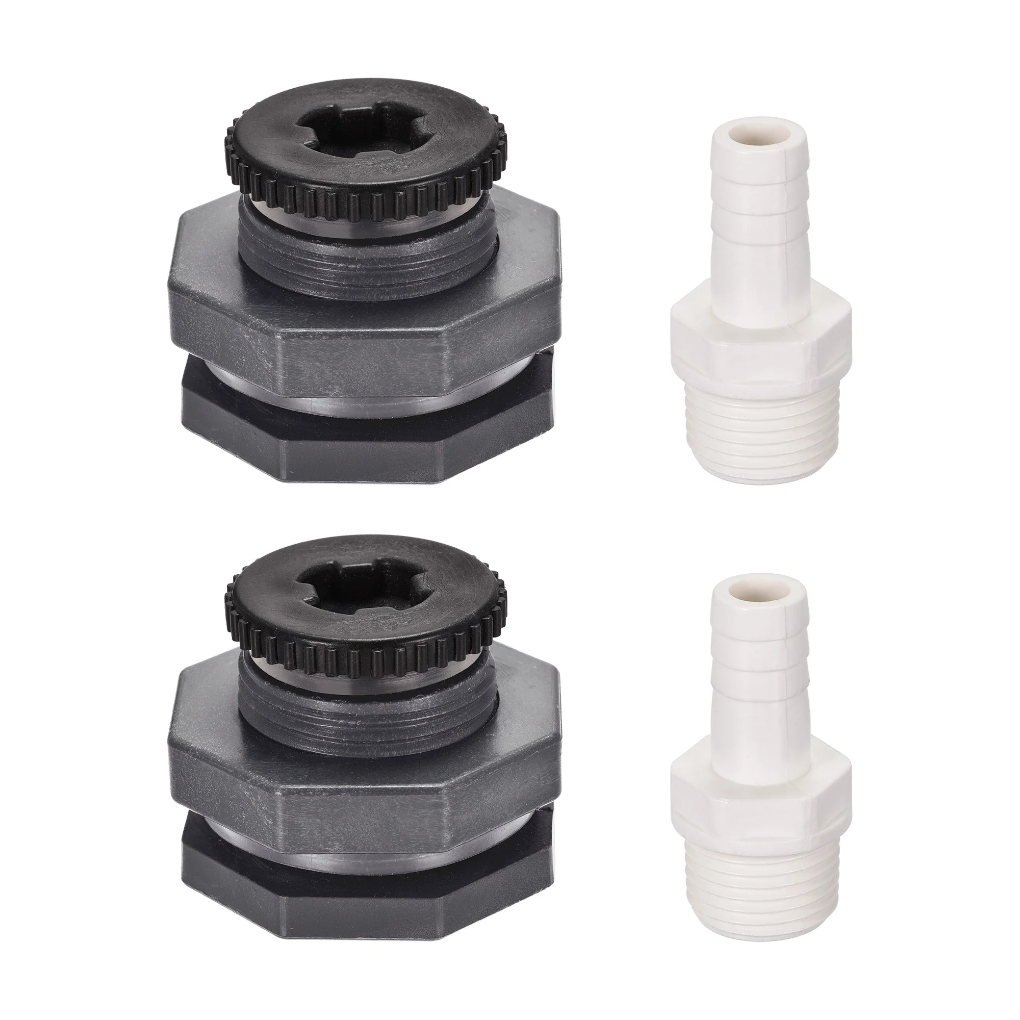 PVC Bulkhead Tank Adapter G1/2 Thread with Plug and 12mm OD Barbed Pipe Fitting for Rain Buckets Water Tanks 2 Set