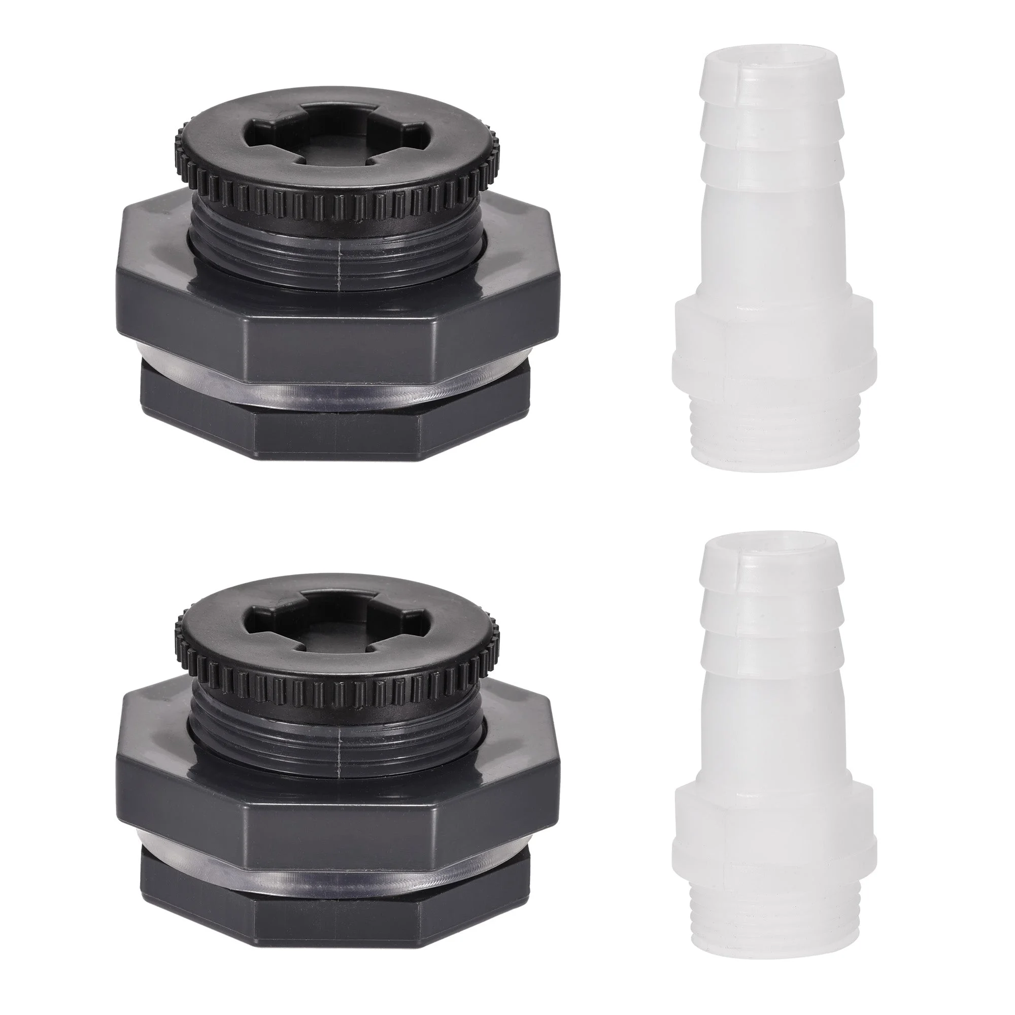 PVC Bulkhead Tank Adapter G1 Thread with Plug and 27mm OD Barbed Pipe Fitting for Rain Buckets Water Tanks 2 Set