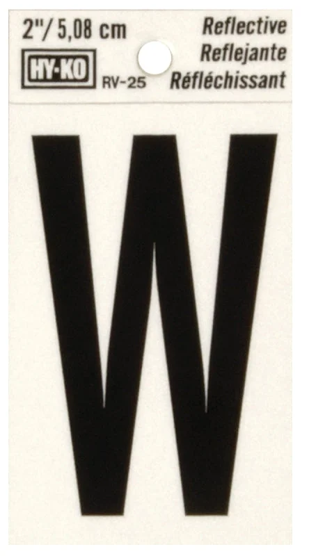Hy-Ko RV-25/W Reflective Letter, 1-1/2 in W x 3 in H Dimensions, Character: W, 2 in H Character, Black Character, Vinyl, Pack of 10