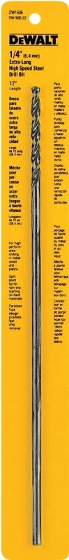 DEWALT DW1606 Drill Bit, 1/4 in Dia, 12 in OAL, Extended Length, Parabolic Flute, 1/4 in Dia Shank