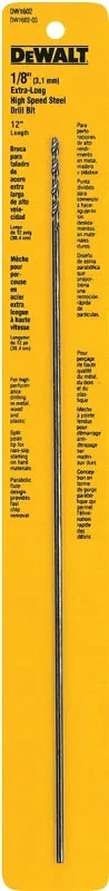 DEWALT DW1602 Drill Bit, 1/8 in Dia, 12 in OAL, Extended Length, Parabolic Flute, 1/8 in Dia Shank