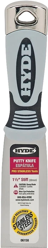 Hyde Pro Stainless Series 06158 Putty Knife, 1-1/2 in W Blade, Stainless Steel Blade, Plastic Handle, Soft Grip Handle