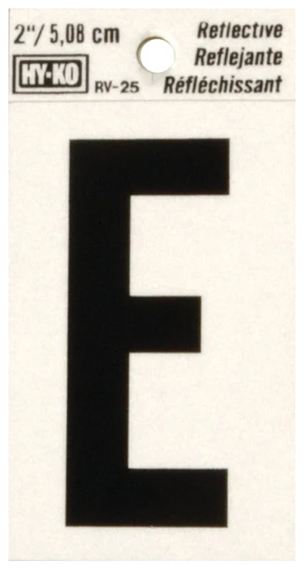 Hy-Ko RV-25/E Reflective Letter, 1-1/2 in W x 3 in H Dimensions, Character: E, 2 in H Character, Black Character, Vinyl, Pack of 10