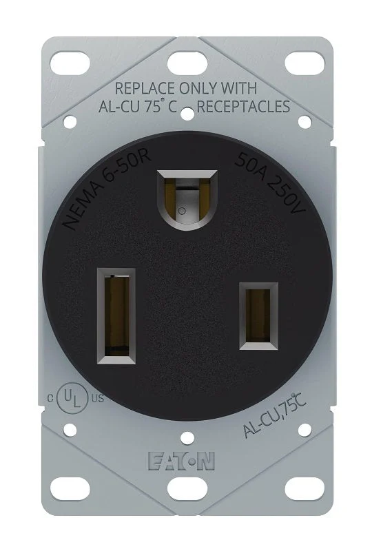 Arrow Hart AH1254BK-BOX Heavy-Duty Power Receptacle, 2 -Pole, 250 V, 50 A, Back Wiring, NEMA: NEMA 6-50R, Black