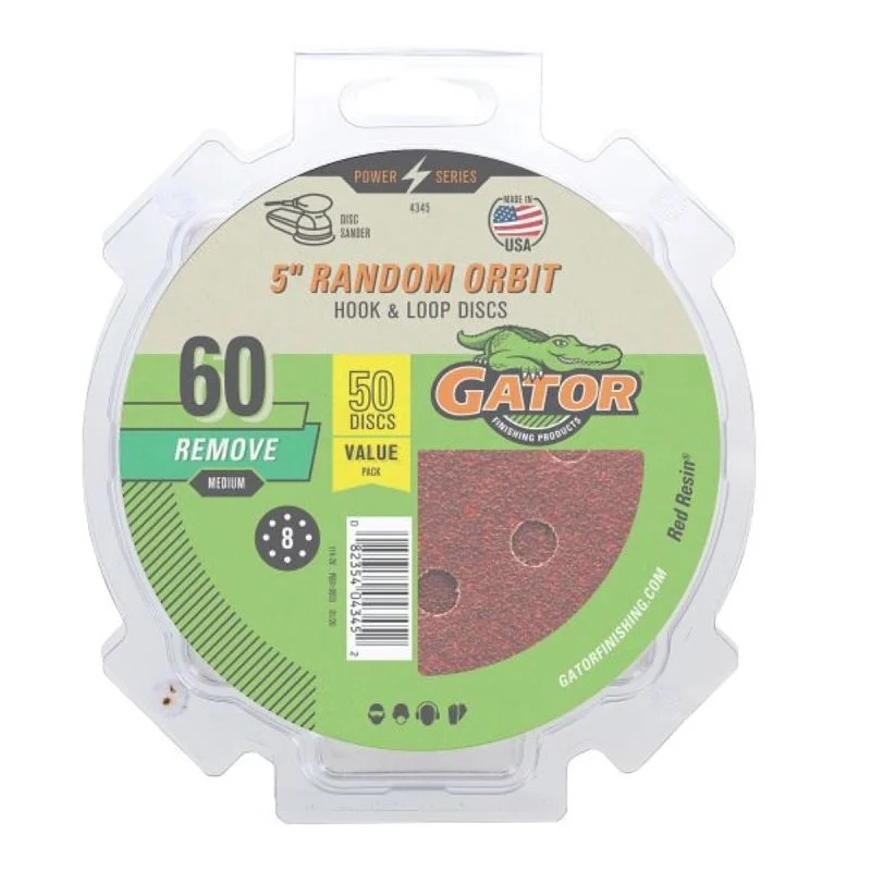 Gator 4345 Sanding Disc, 5 in Dia, 60 Grit, Coarse, Aluminum Oxide Abrasive, Vented, 50/PK