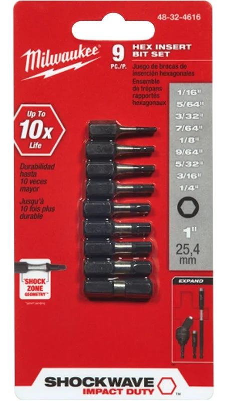 Milwaukee SHOCKWAVE Impact Duty 48-32-4616 Insert Bit Set, 9-Piece, All-Purpose, Steel, Pack of 3