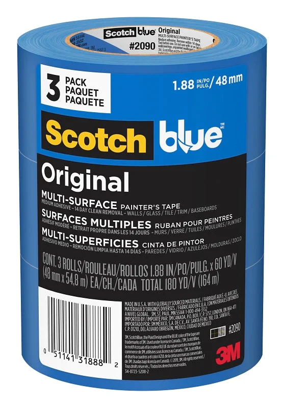 ScotchBlue 2090-48EVP Painter's Tape, Original Multi-Surface, 60 yd L, 1.88 in W, Crepe Paper Backing, Blue, 3/PK